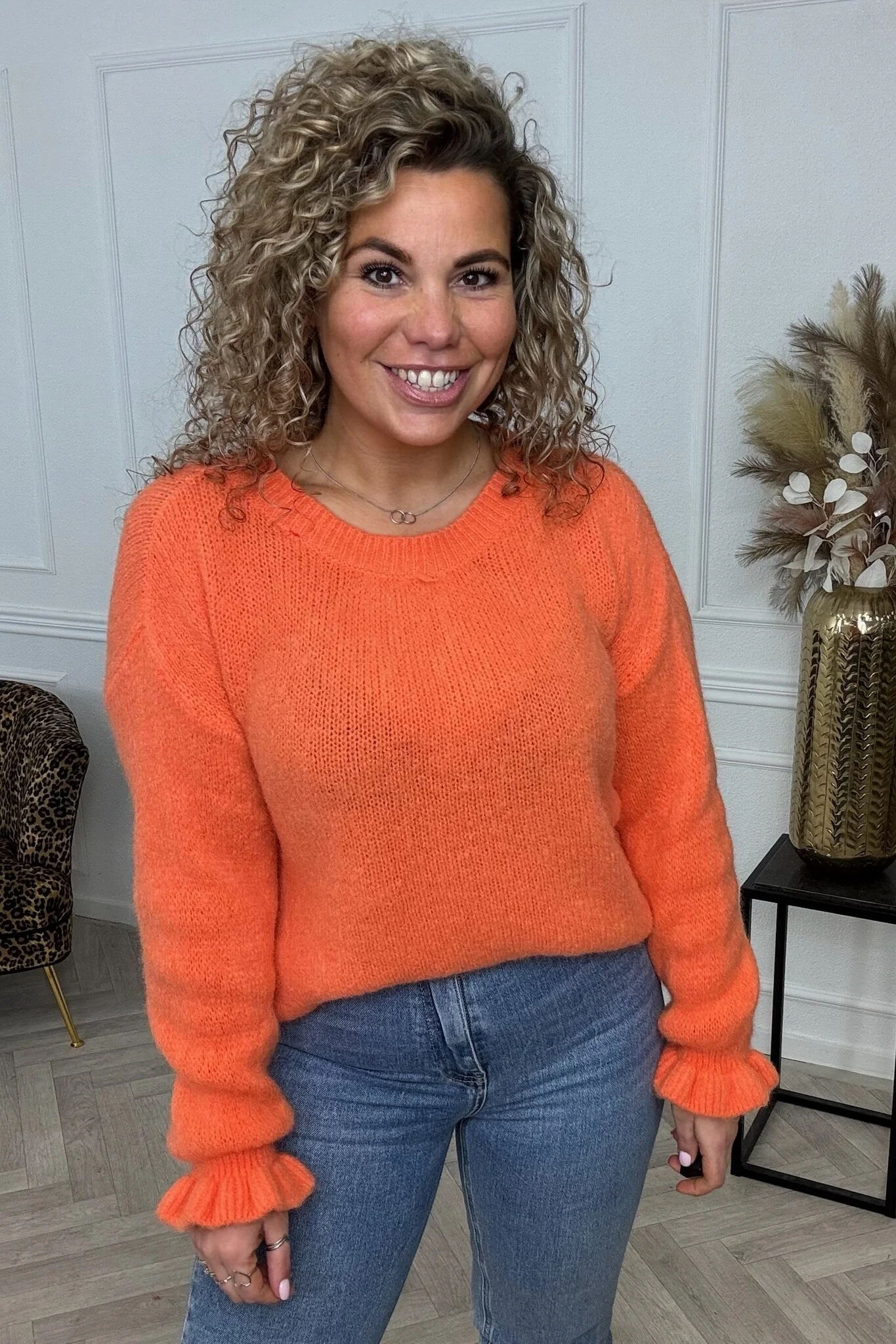 Basic Knitted Ruffle Sweater - Orange