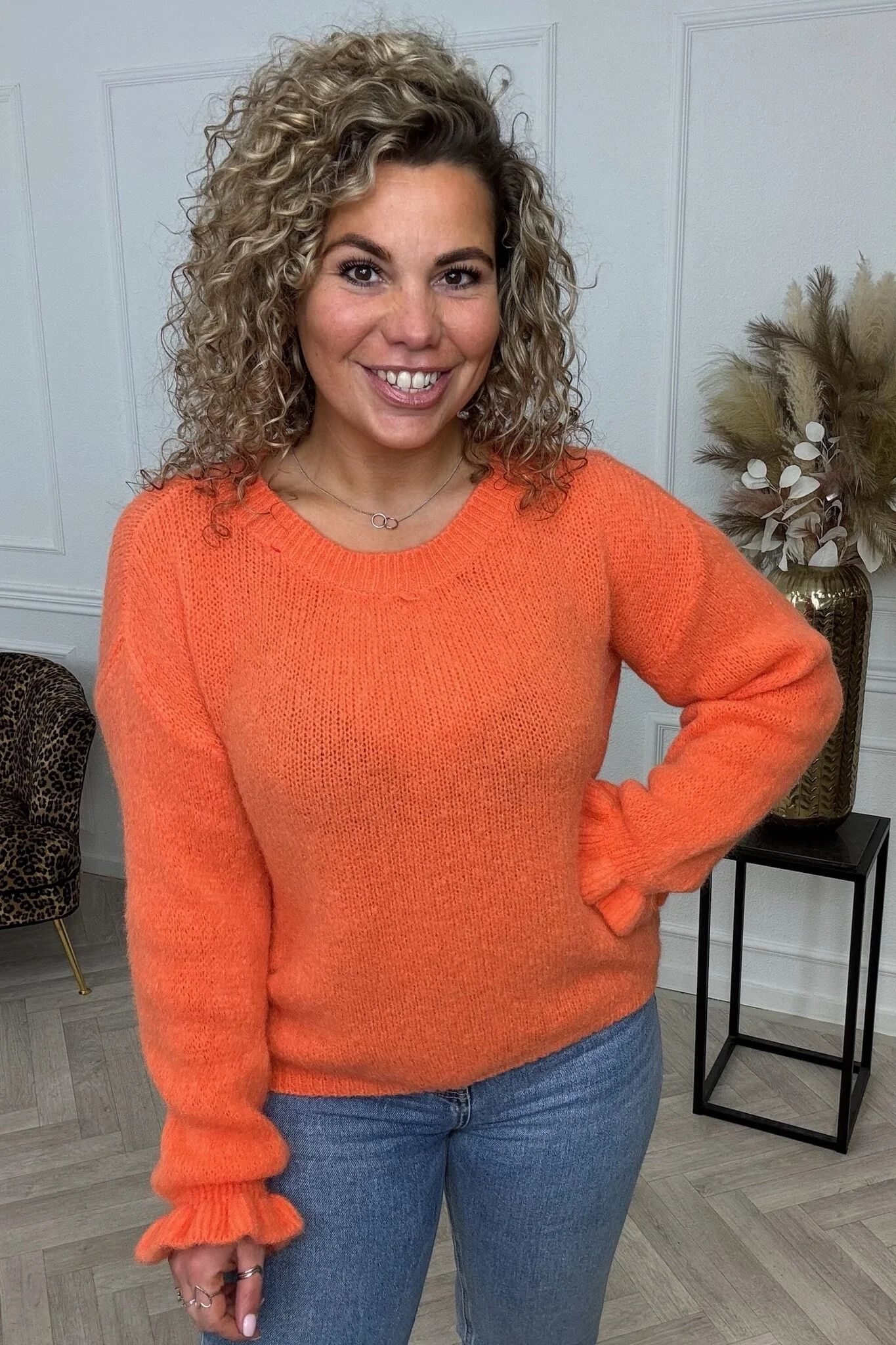 Basic Knitted Ruffle Sweater - Orange - Image 2
