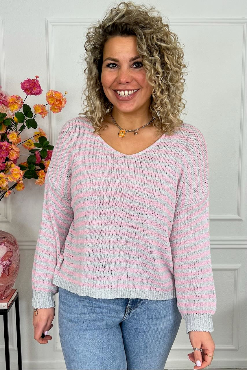 Belle Cotton Striped Sweater - Grey/Pink