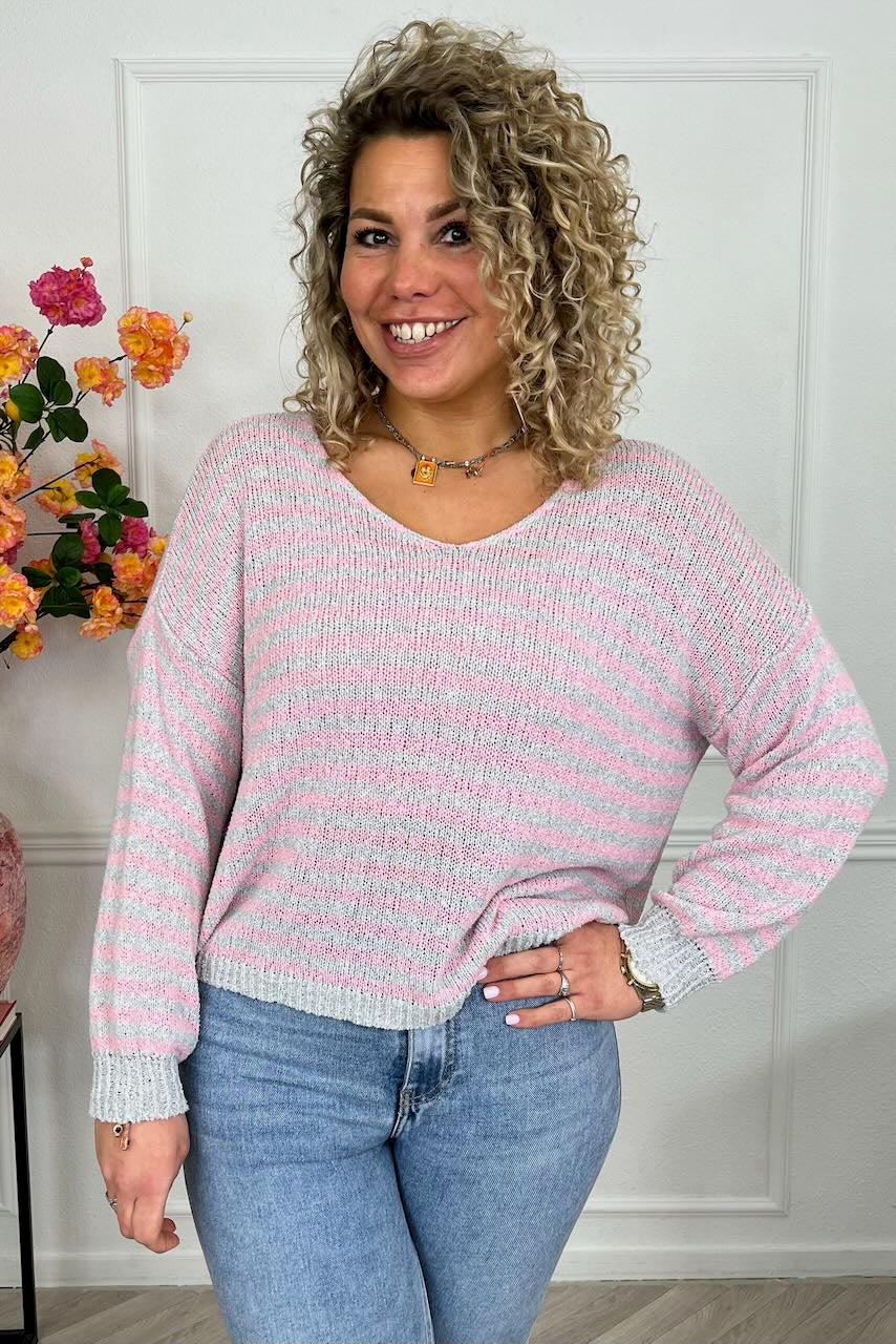 Belle Cotton Striped Sweater - Grey/Pink - Image 2