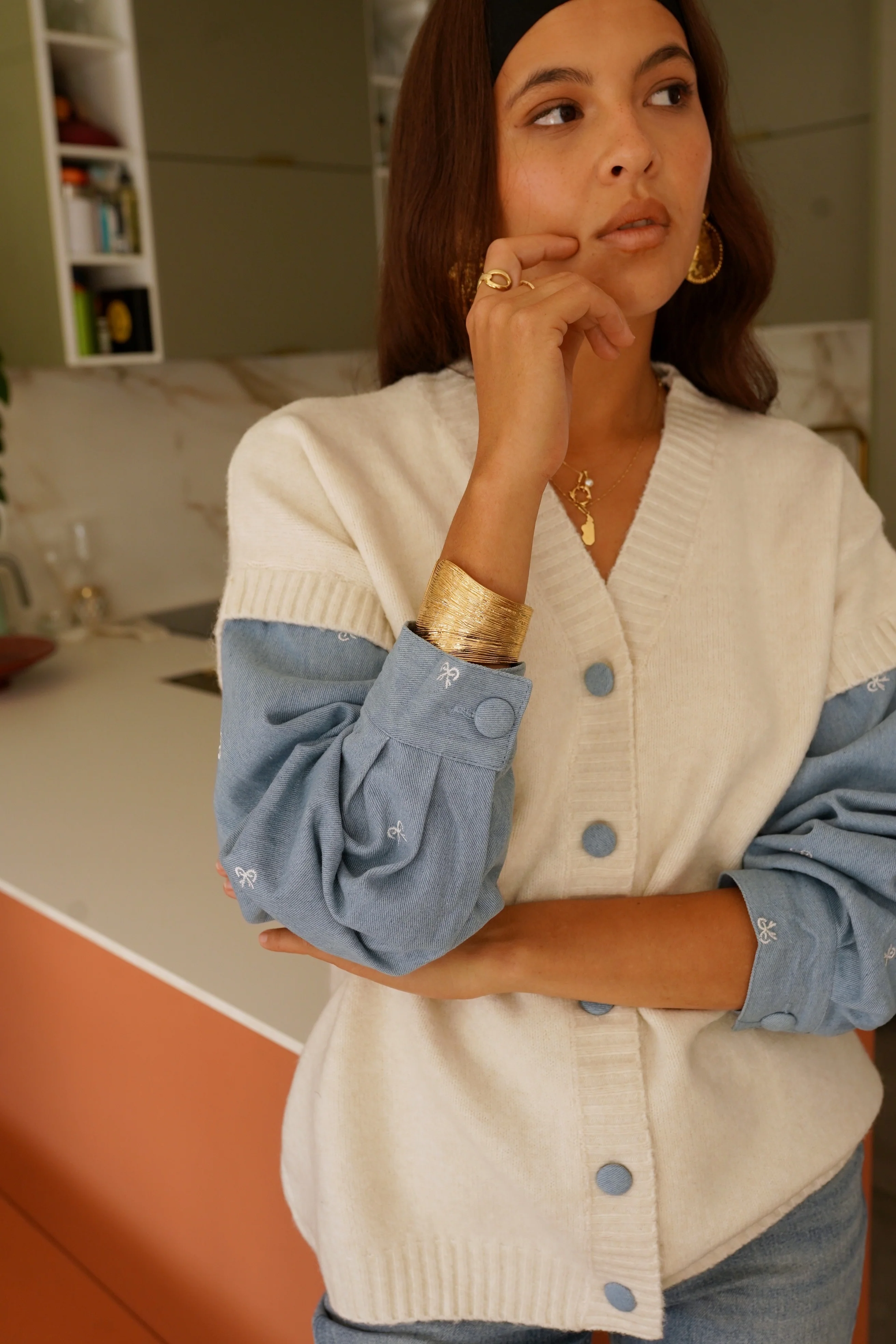 Bow Blouse Cardigan - White - Image 7