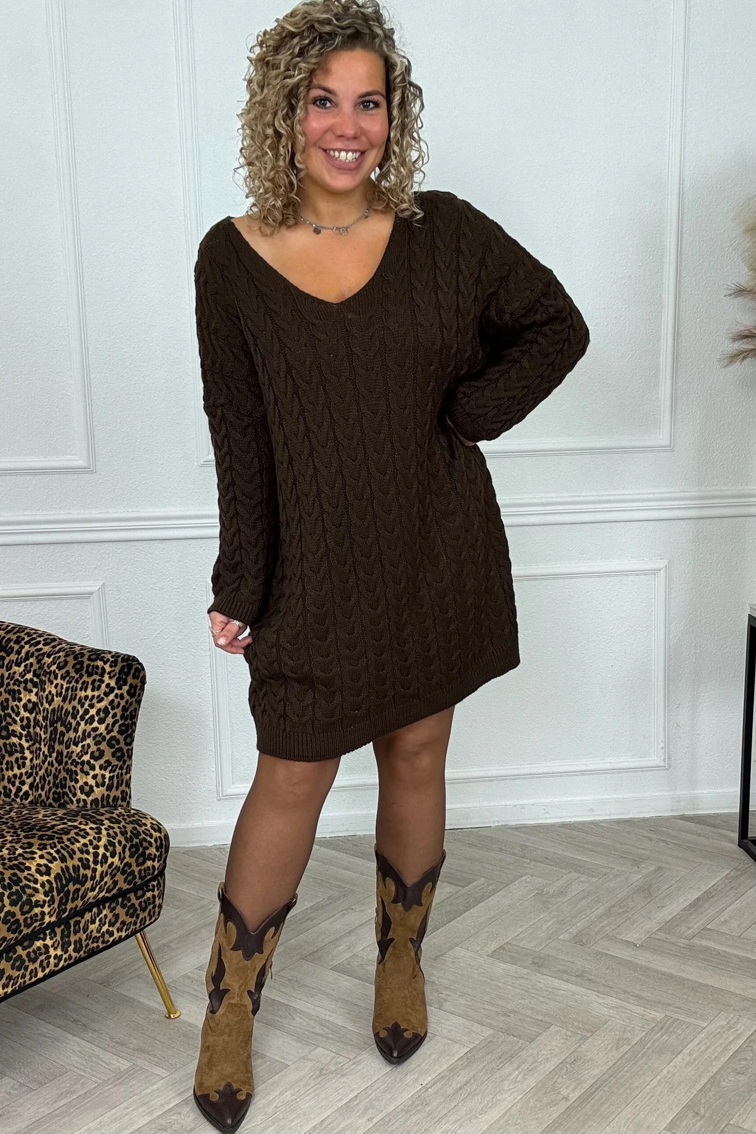 Braided Sweater Dress - Brown - Image 2