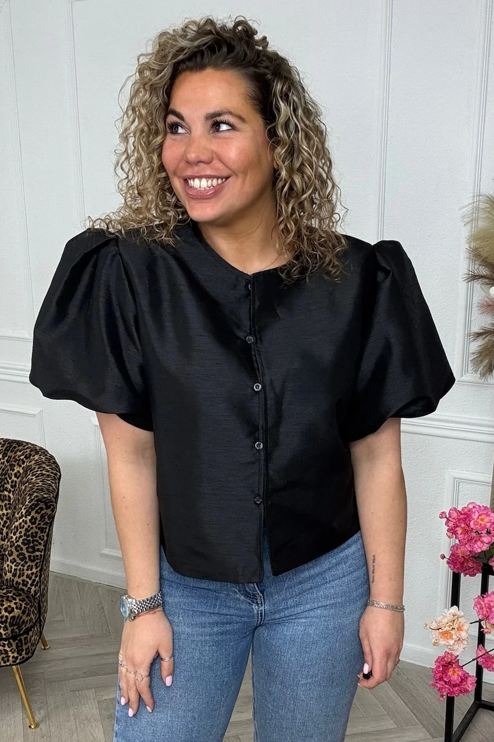 Classy Balloon Sleeve Blouse - Black