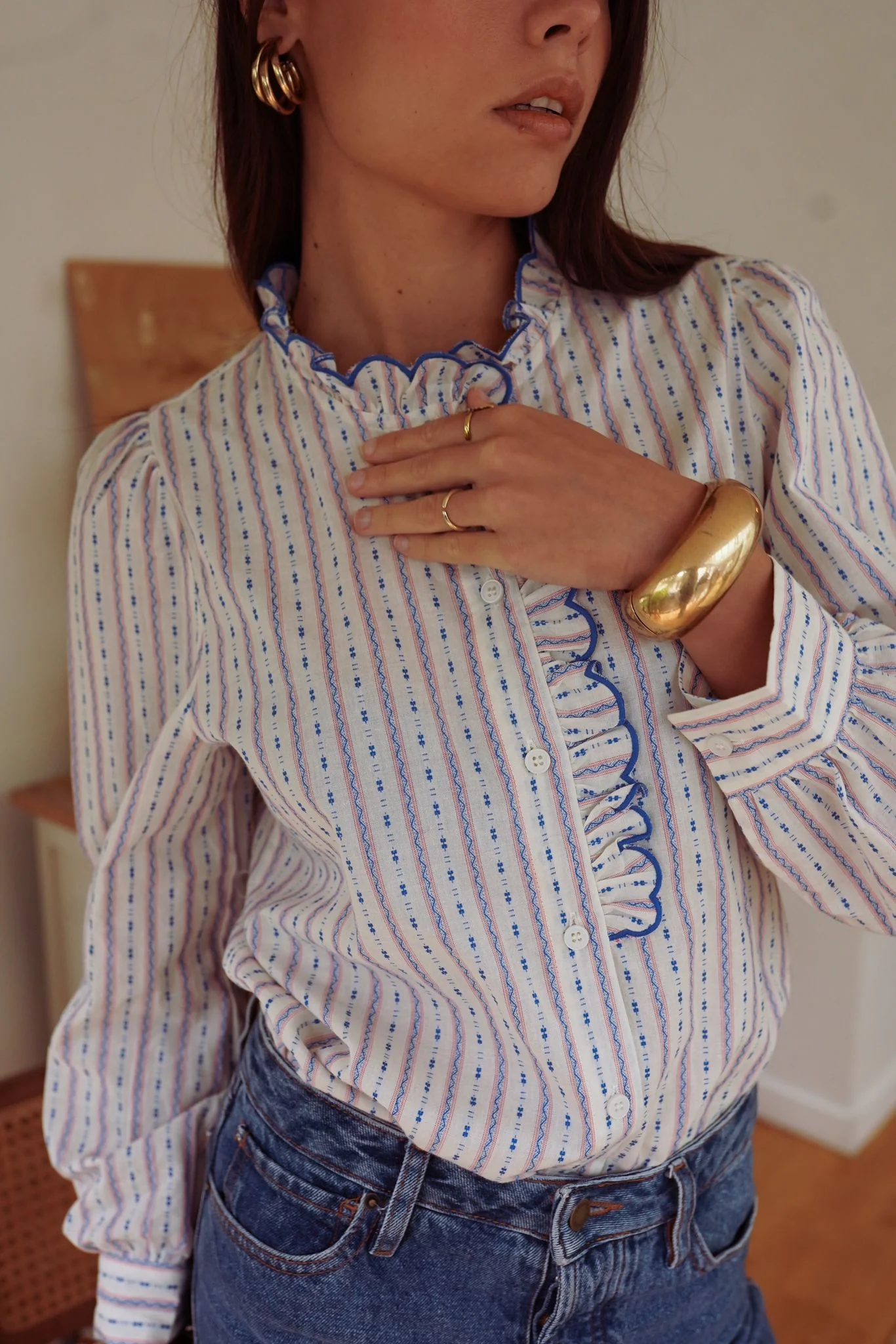 Cotton Striped Pattern Blouse - White