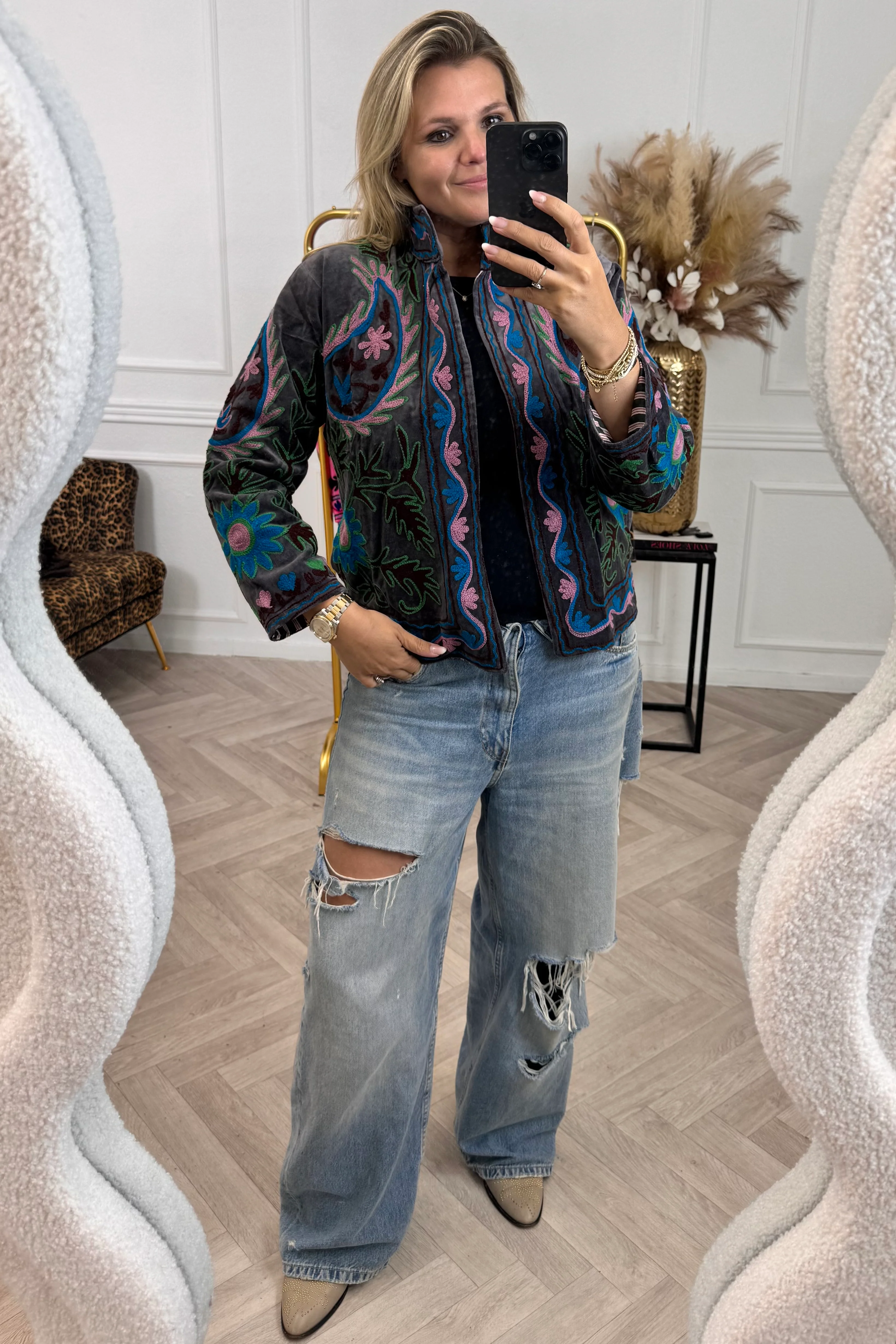 Cotton Velvet Flames Jacket - Grey