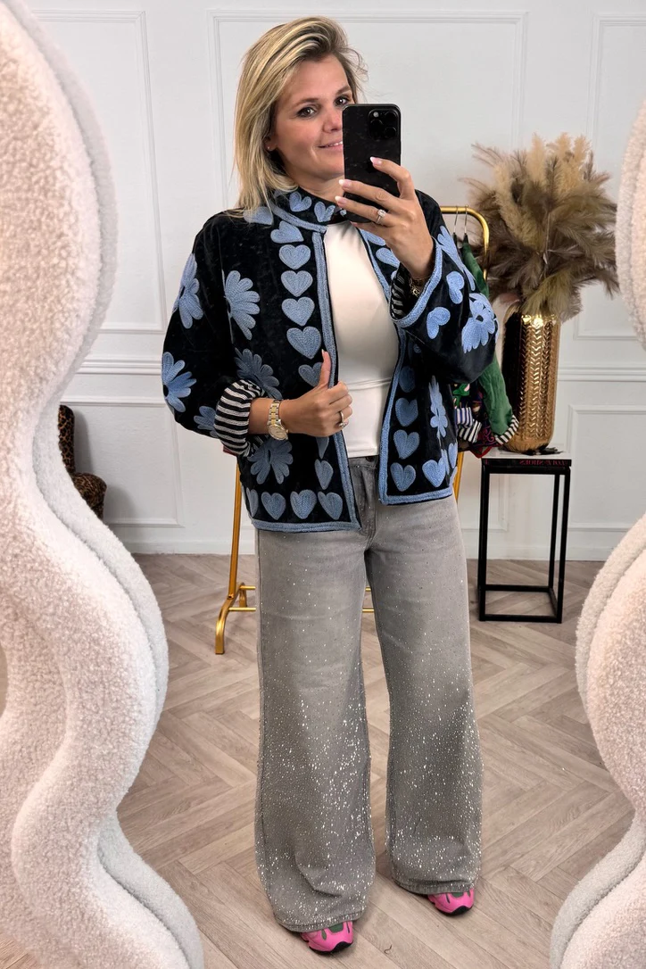 Cotton Velvet Heart Jacket - Black/Blue