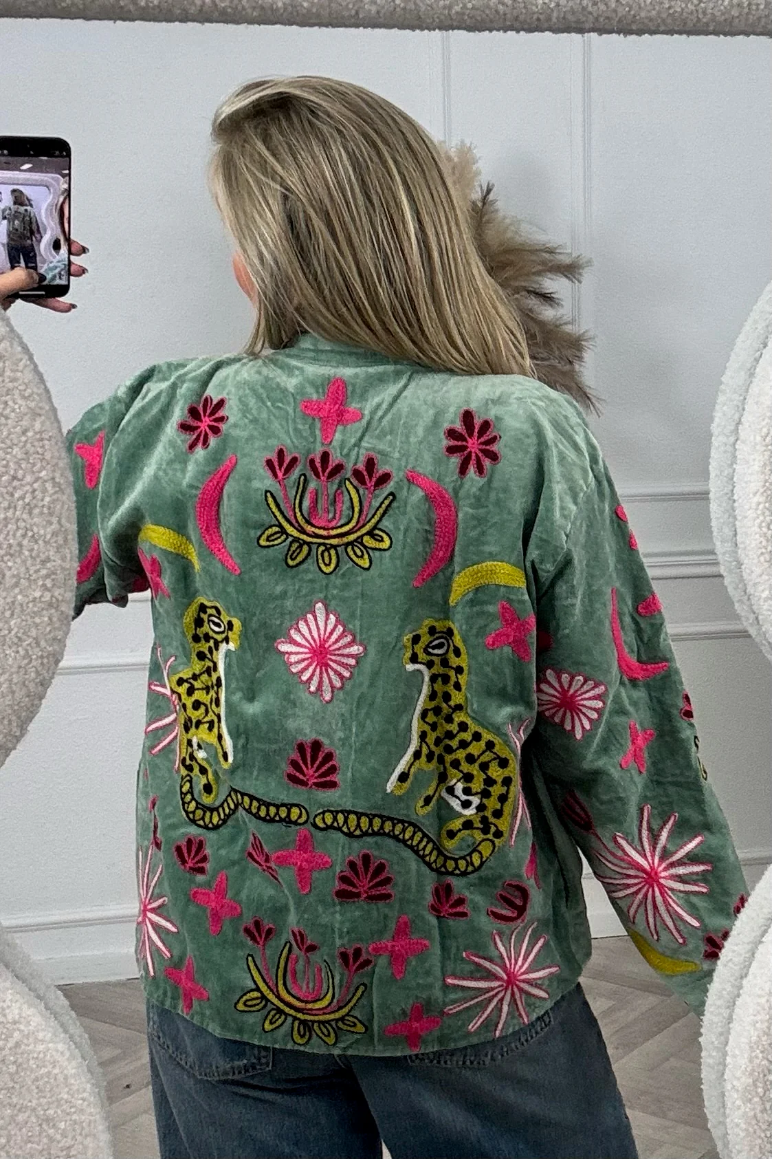 Cotton Velvet Star Leopard Jacket - Sage - Image 2