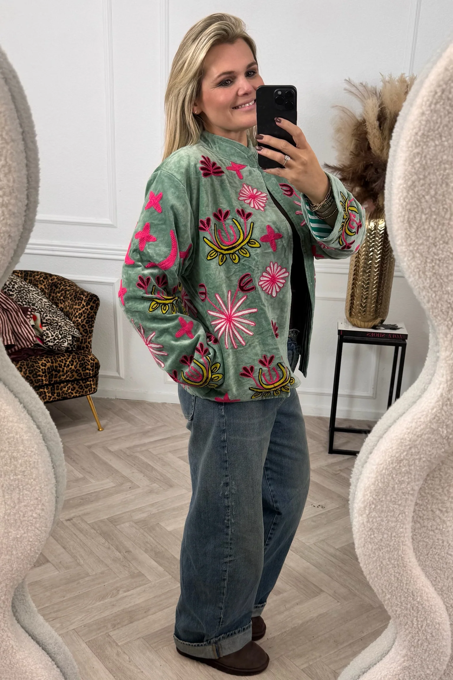 Cotton Velvet Star Leopard Jacket - Sage - Image 3