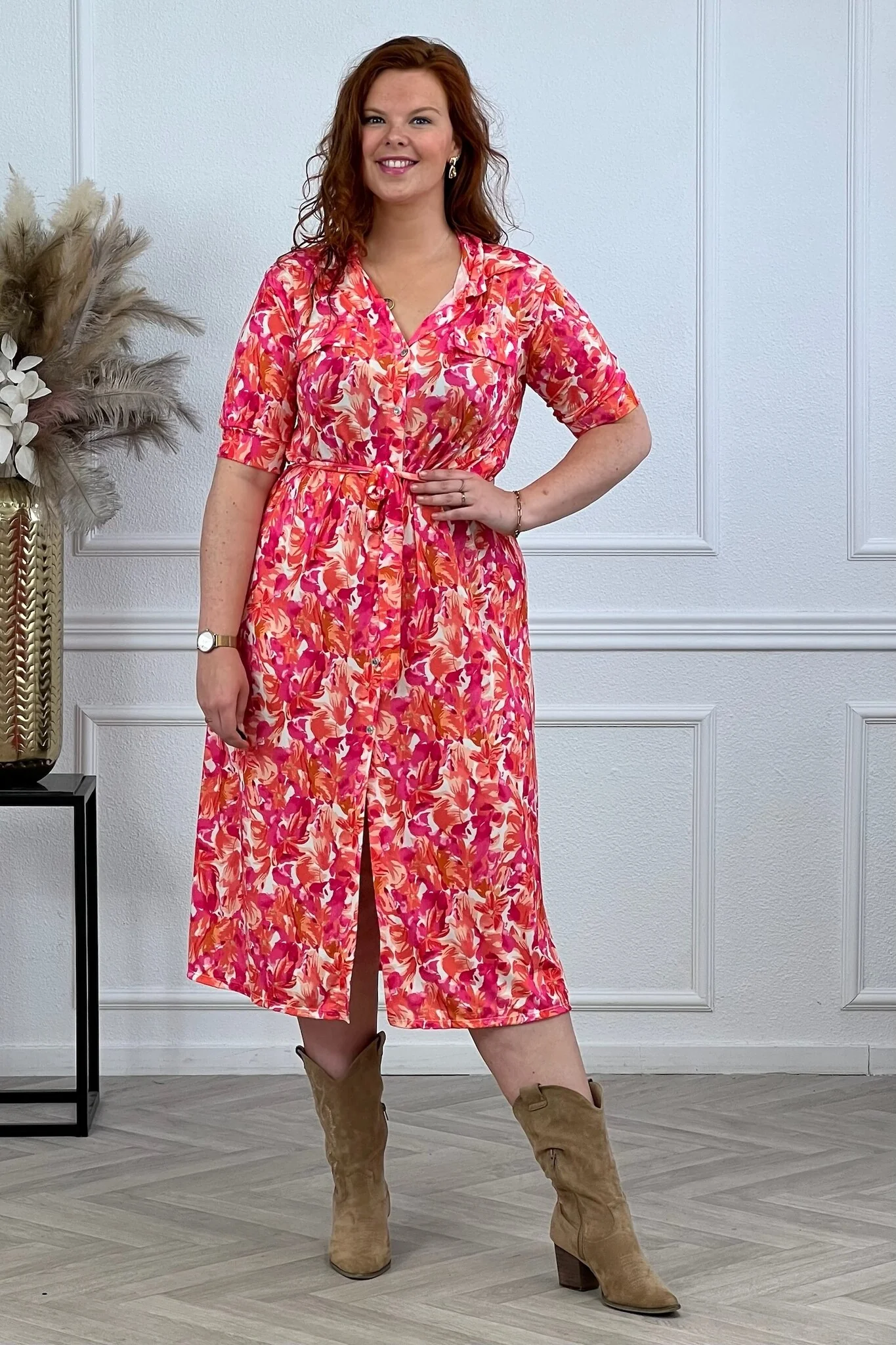 Curvy Blouse Dress Flowers - Pink/Orange