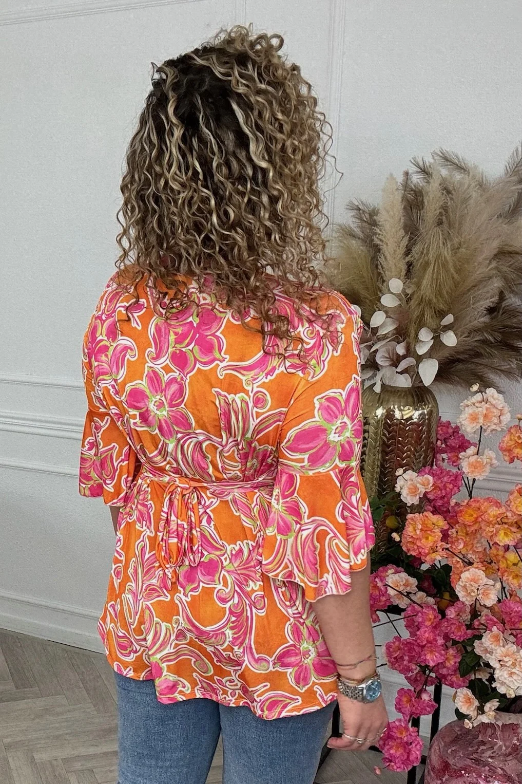 Curvy Knotted Flower Top - Orange/Pink - Image 3
