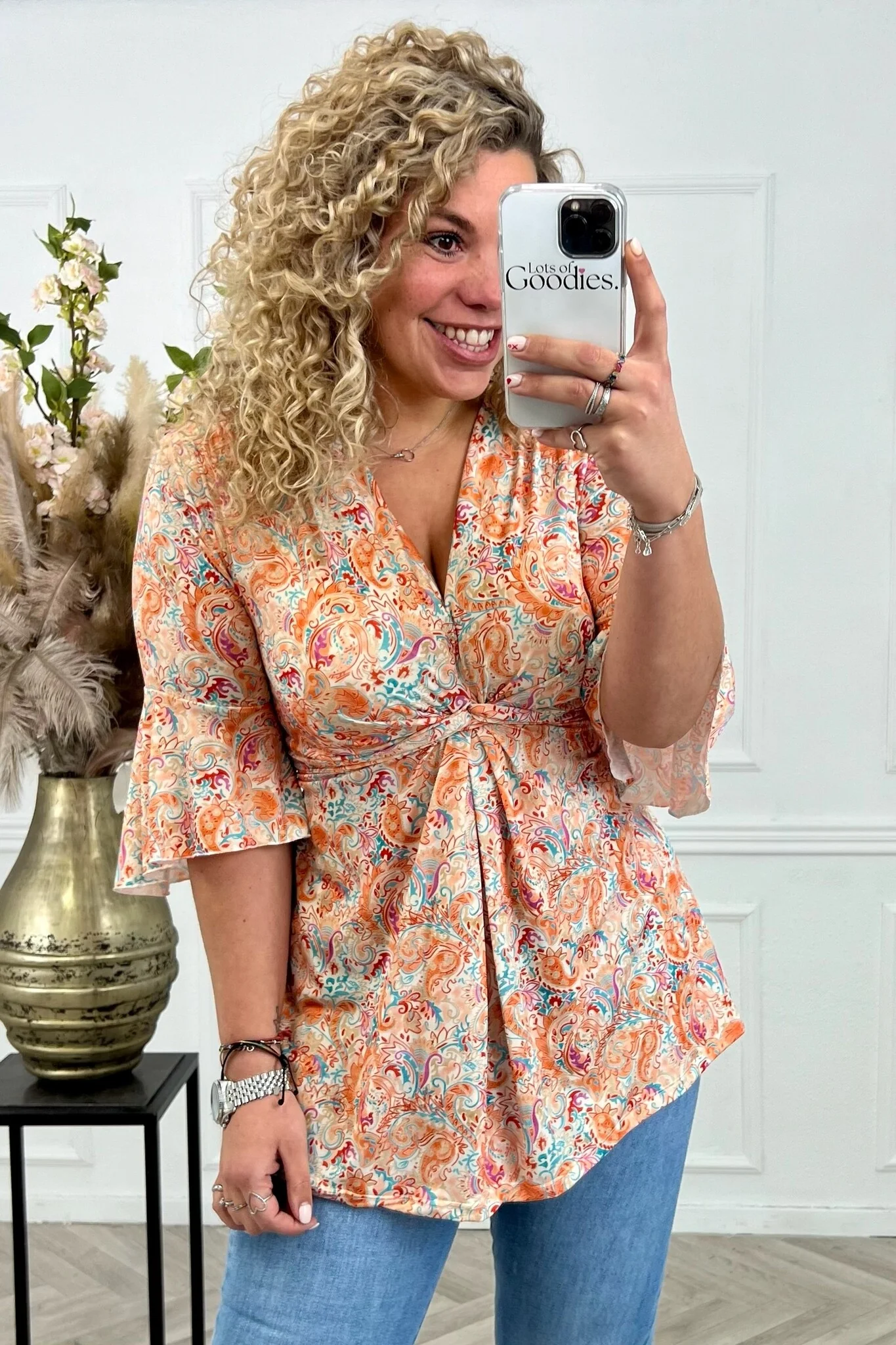 Curvy Knotted Paisley Top - Orange/Turquoise