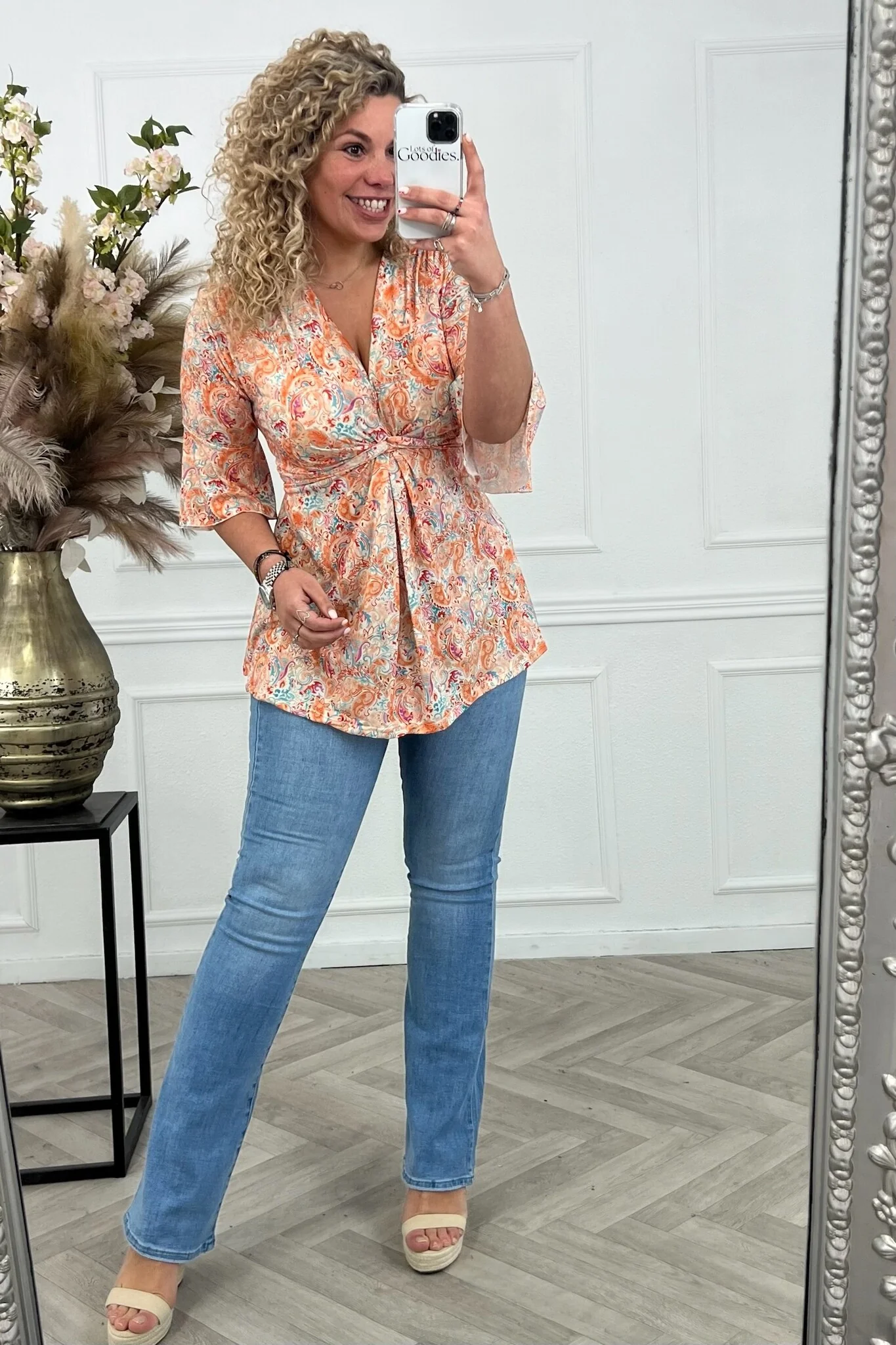 Curvy Knotted Paisley Top - Orange/Turquoise - Image 2