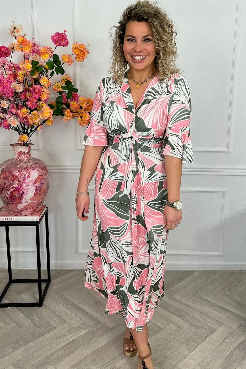 Curvy Knotted Palm Breeze Dress - Armygreen/Pink