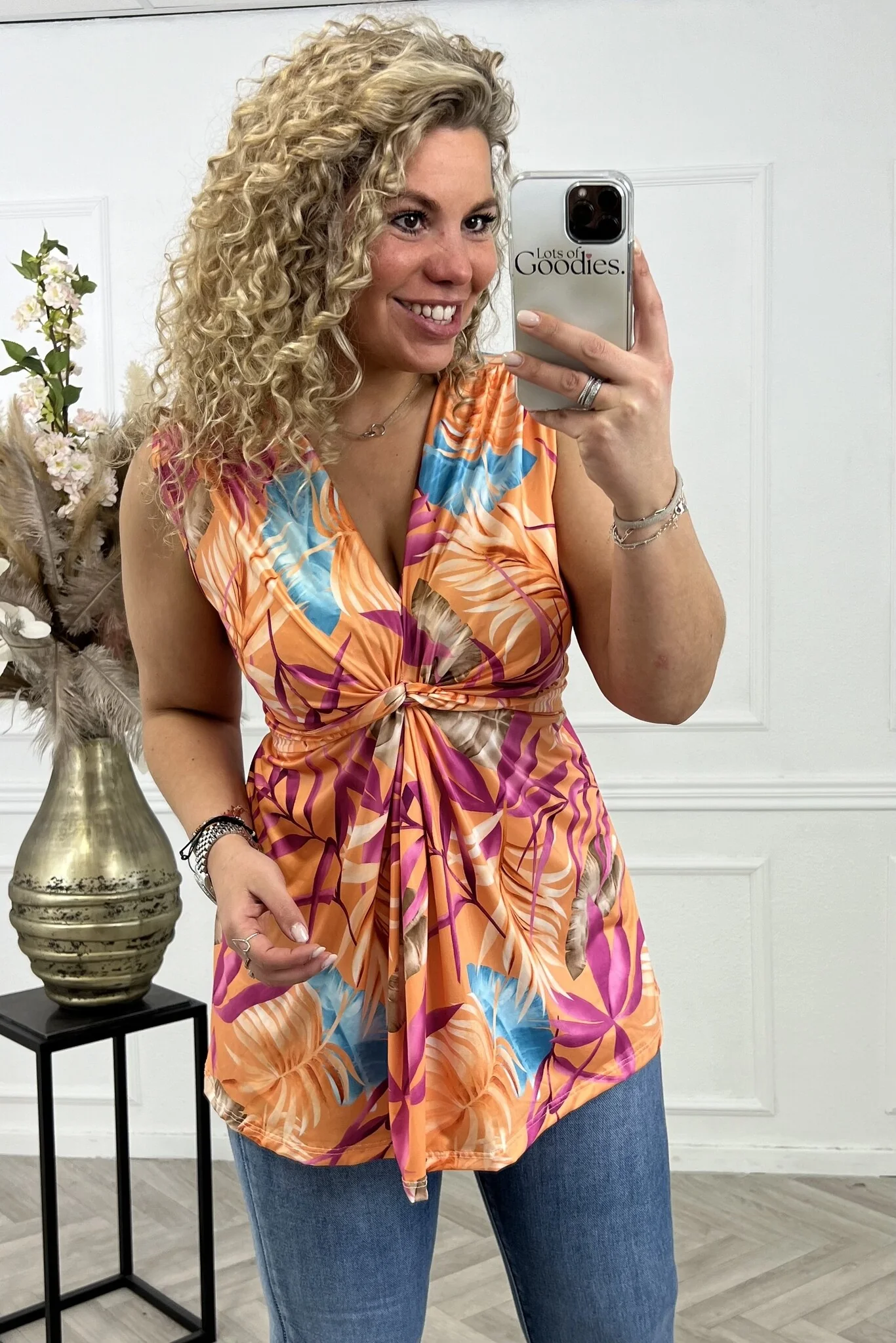 Curvy Knotted Sleeveless Top Palm Leaves- Orange/Magenta/Blue