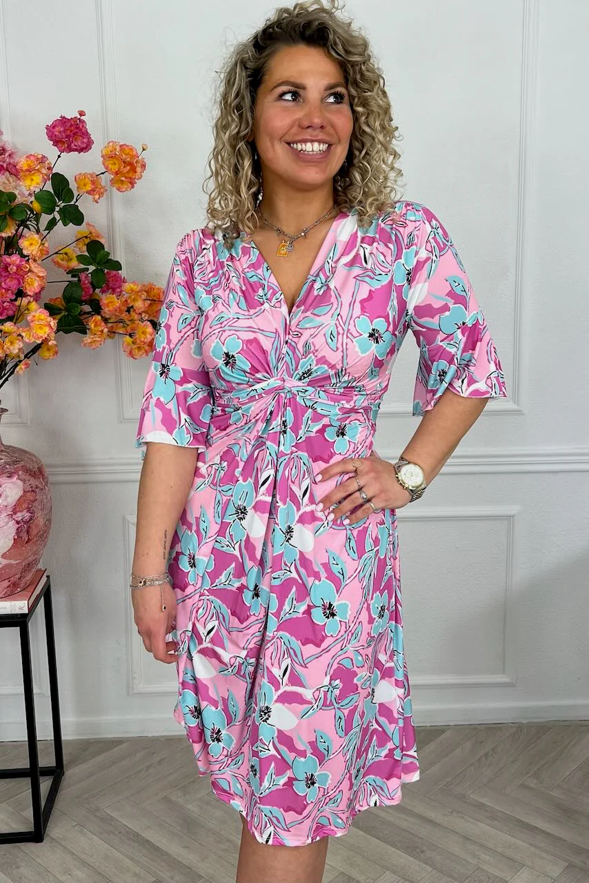 Curvy Short Knotted Celeste Dress - Pink/Turquoise