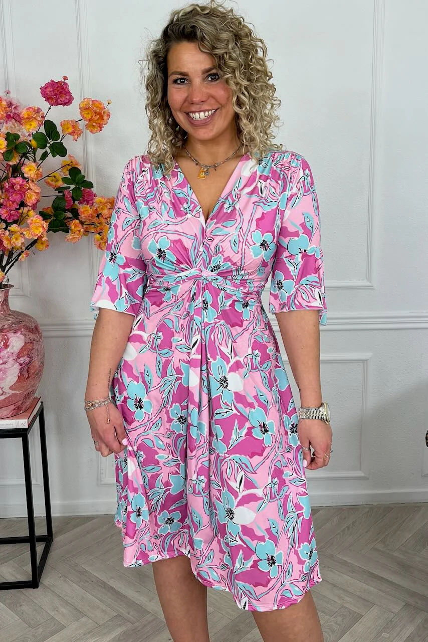 Curvy Short Knotted Celeste Dress - Pink/Turquoise - Image 5