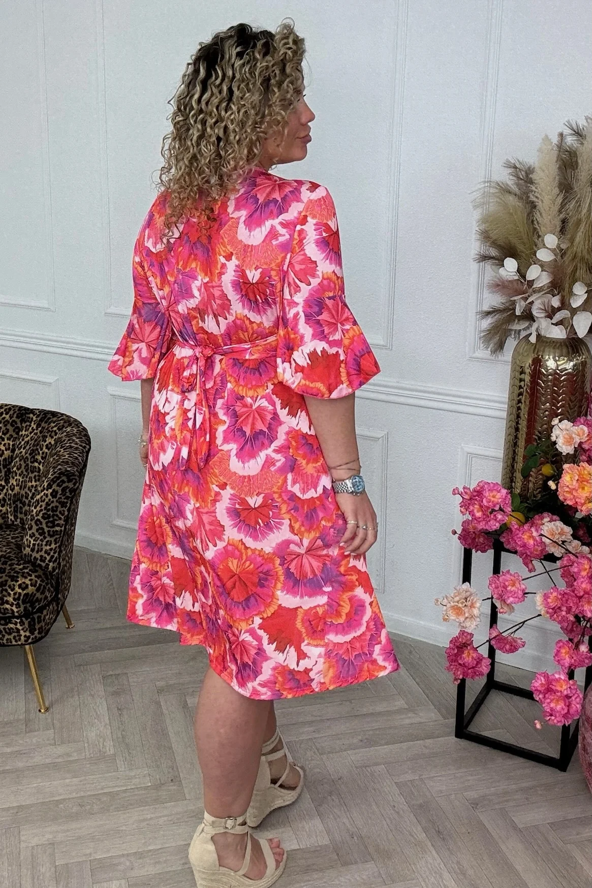 Curvy Short Knotted Flower Dress - Pink/Orange/Lila - Image 2