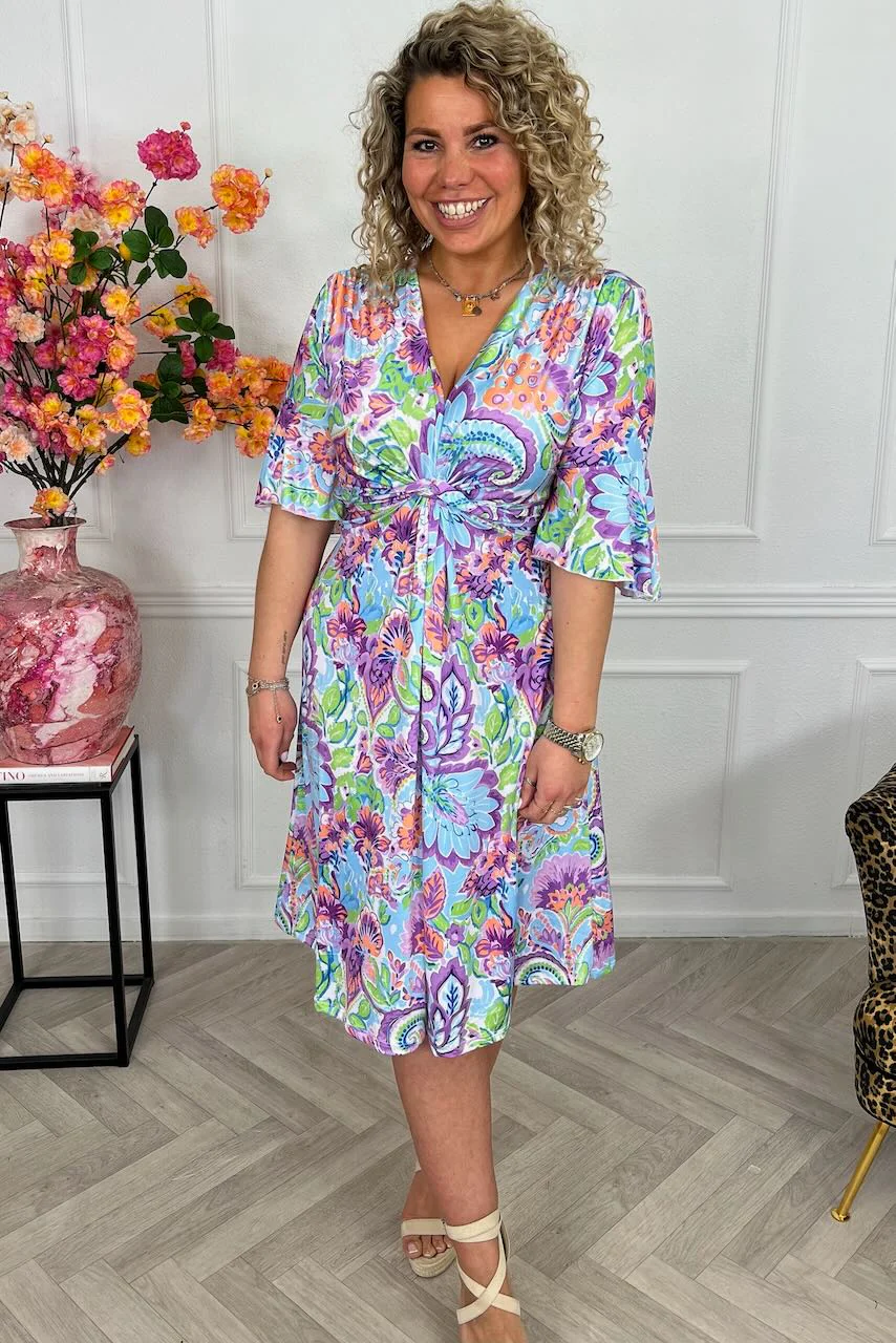 Curvy Short Knotted Flowers Dress - Lila/Blue