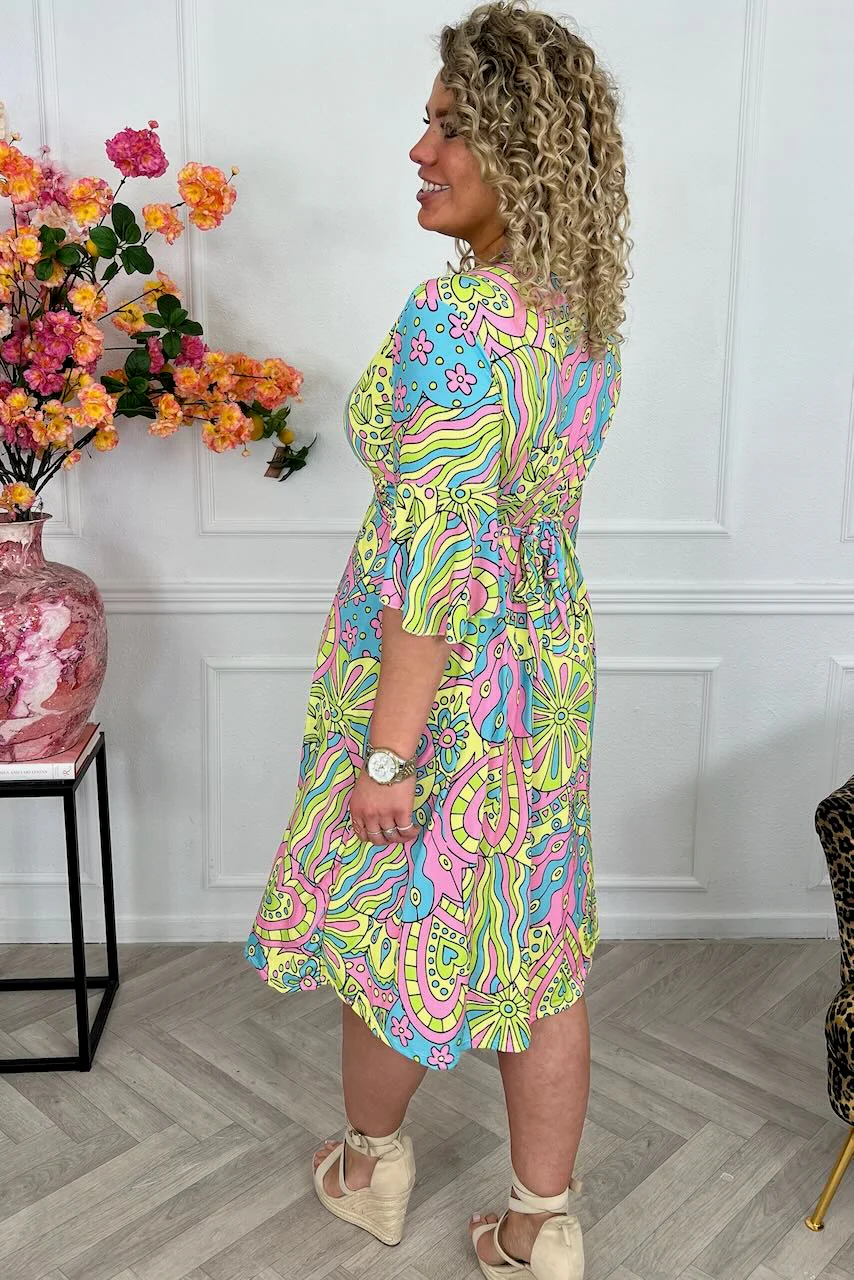 Curvy Short Knotted Hearts Dress - Yellow/Pink - Image 2