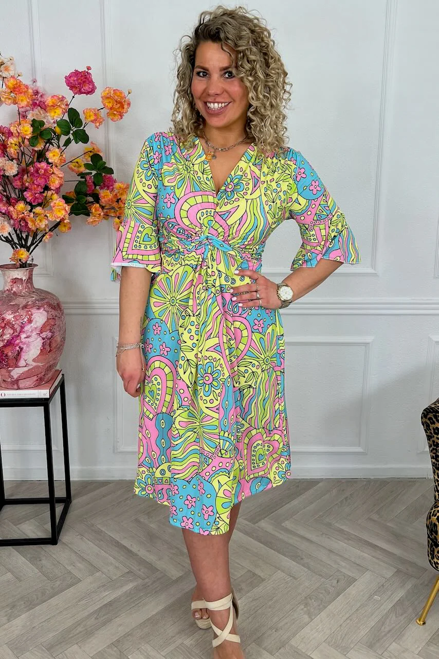 Curvy Short Knotted Hearts Dress - Yellow/Pink - Image 4