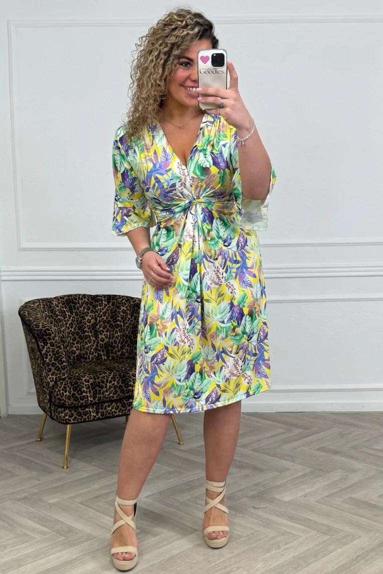 Curvy Short Knotted Jungle Leaves Dress - Yellow