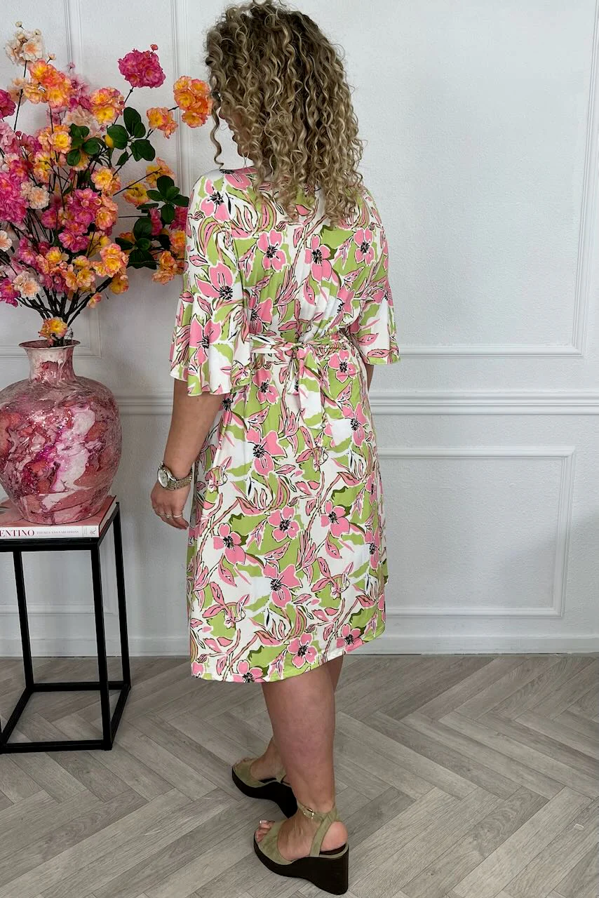 Curvy Short Knotted Leaves Dress - Pink/White/Green - Image 4
