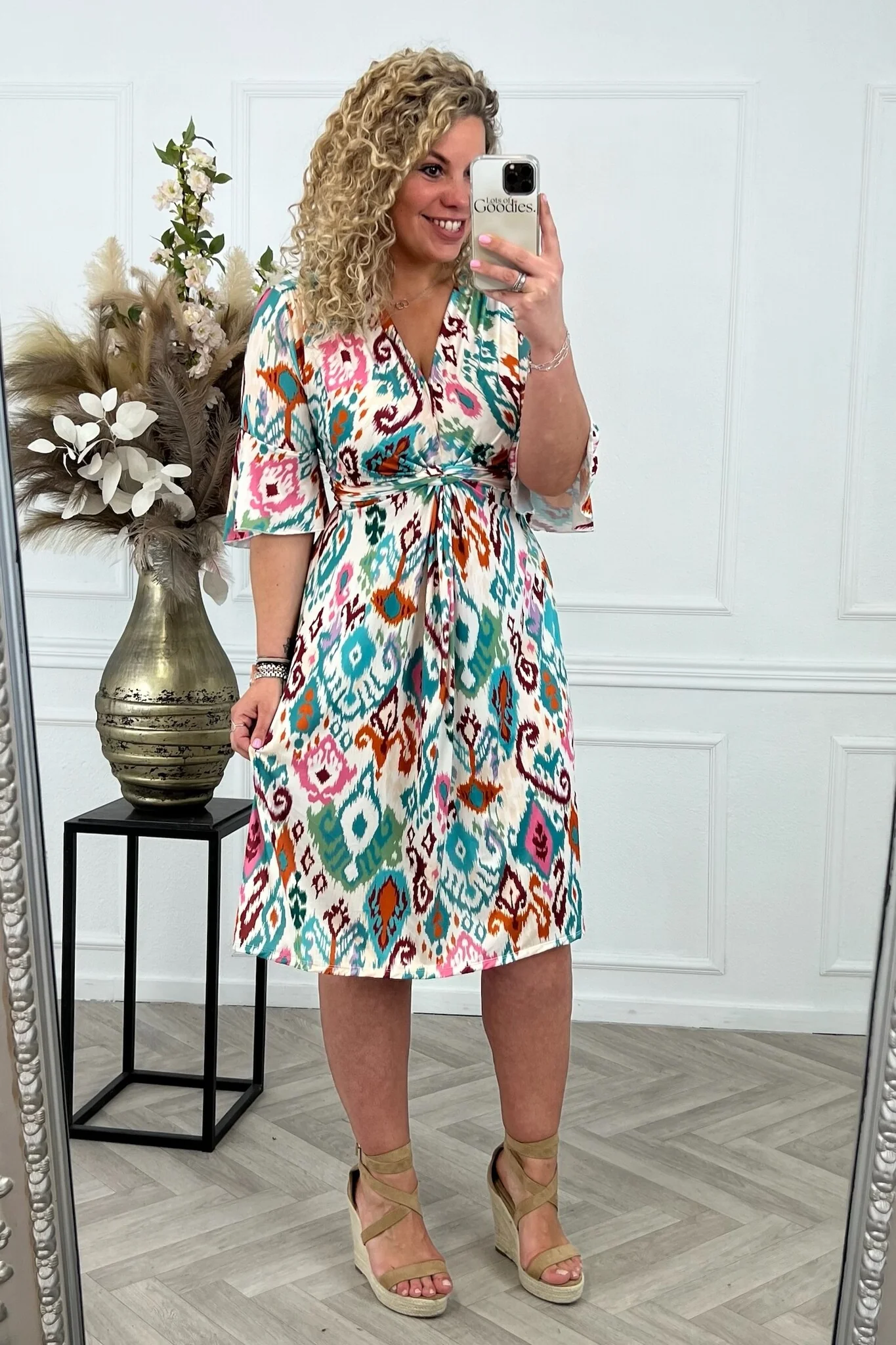 Curvy Short Knotted Naomi Dress - Sage/Orange/Pink - Image 2