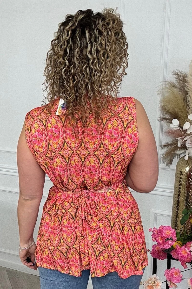 Curvy Knotted Sleeveless Print Top - Orange - Image 3