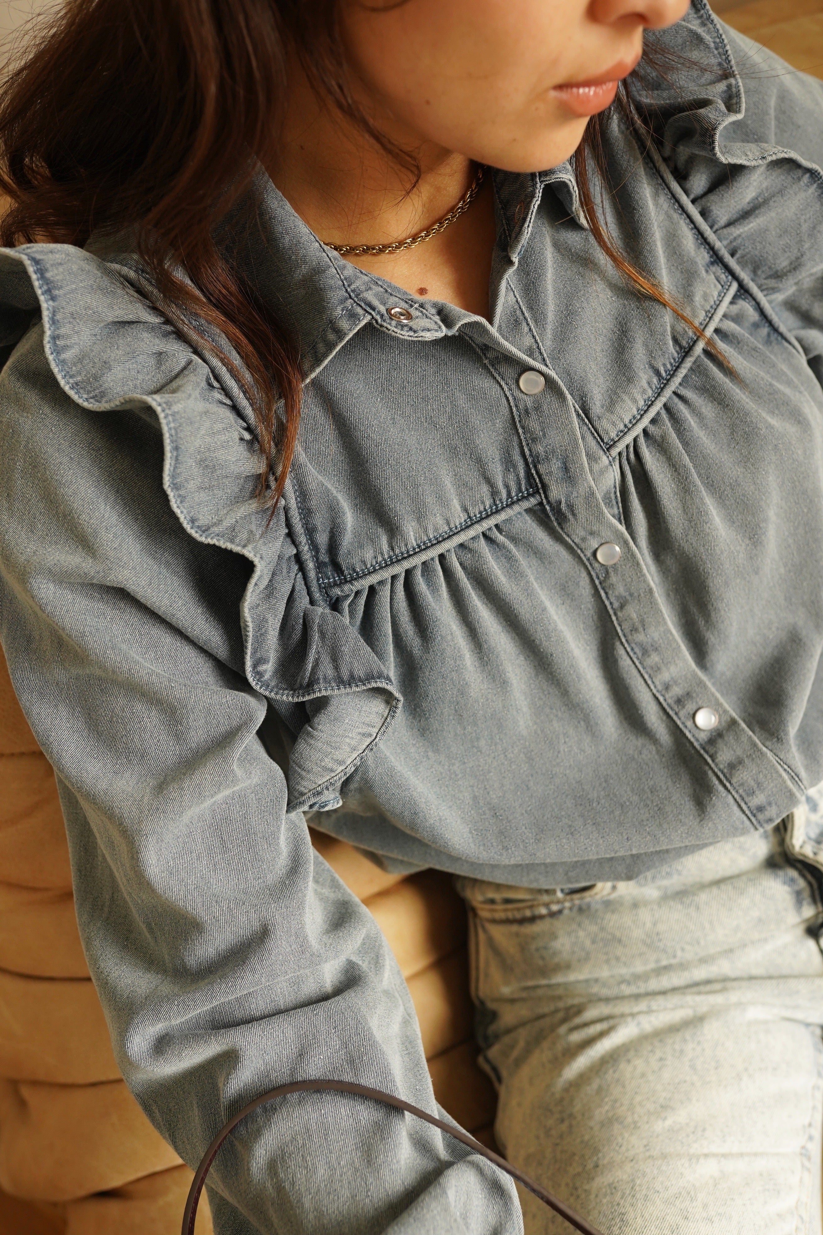 Denim Ruffle Blouse - Blue