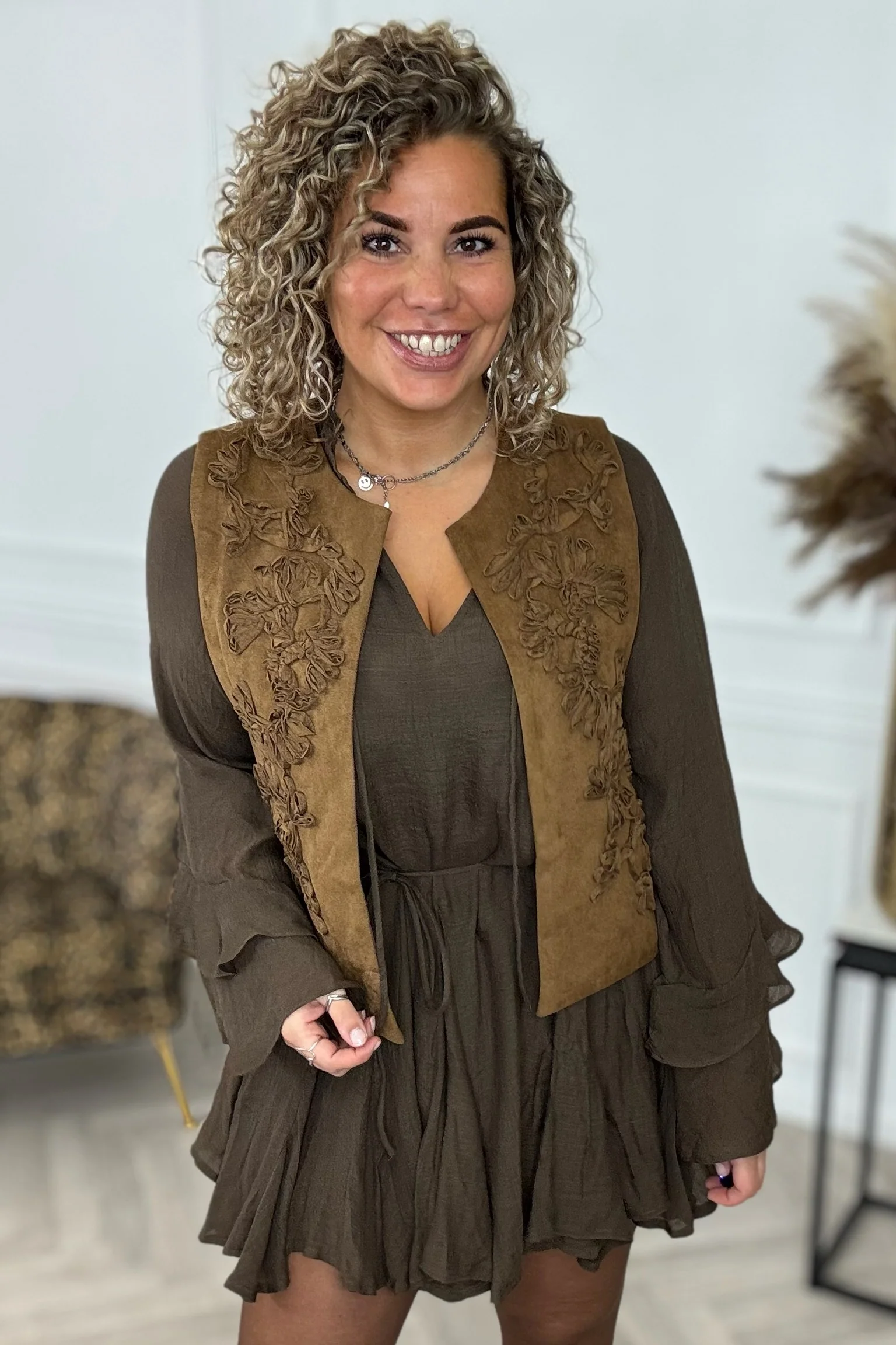 Embroidered Suede Jacket - Brown - Image 4