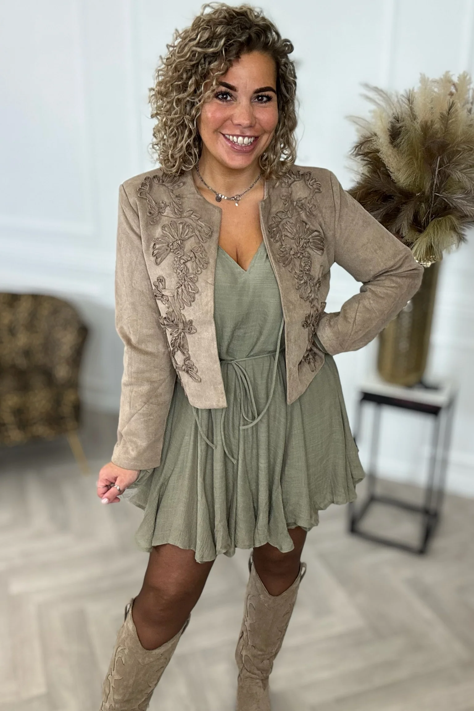 Embroidered Suede Jacket - Taupe