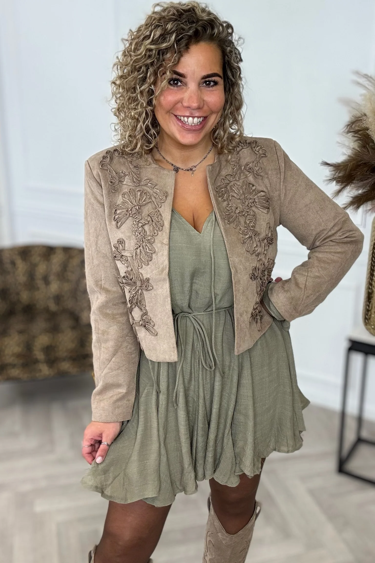 Embroidered Suede Jacket - Taupe - Image 2