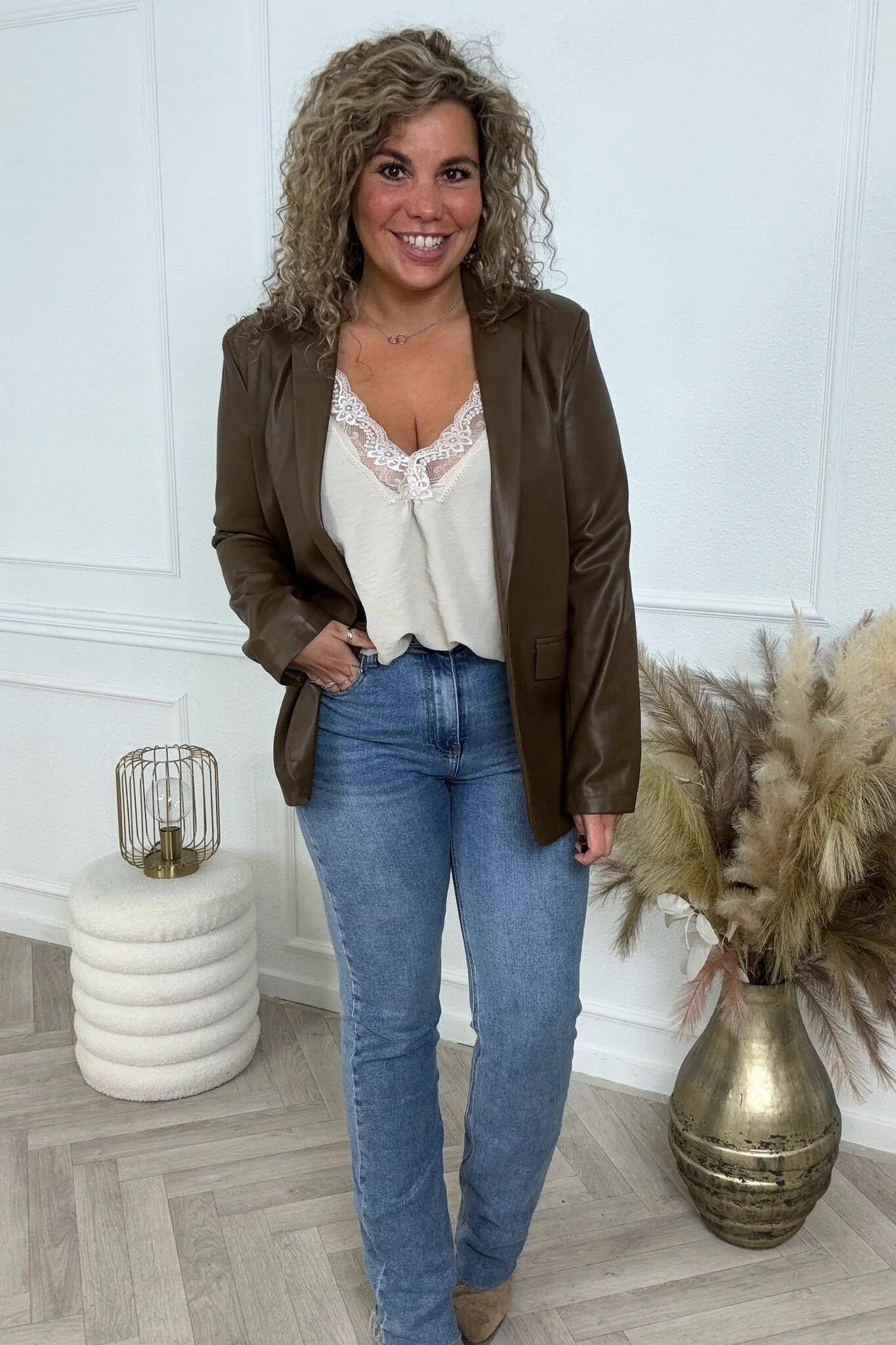 Faux Leather Blazer - Coffee - Image 2