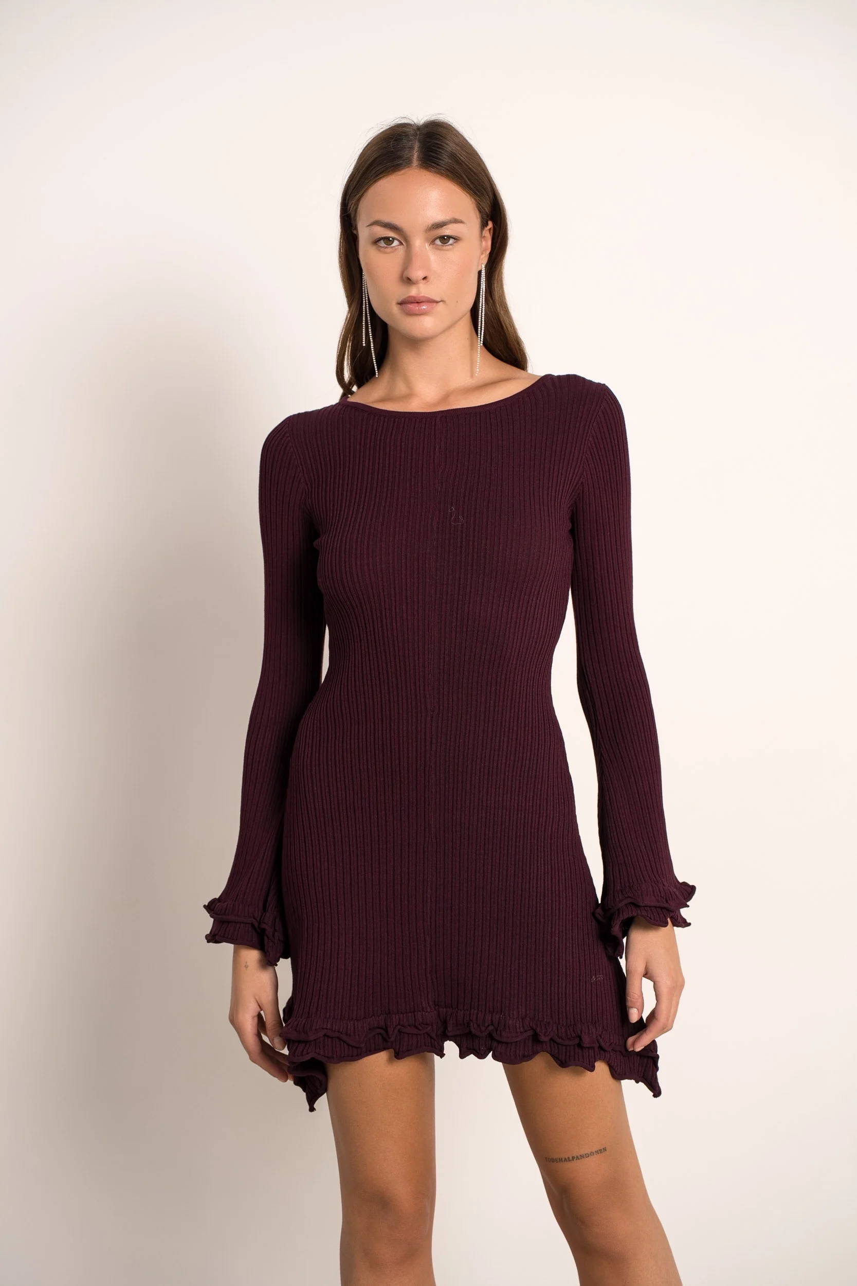 Flaired Sleeve Rib Dress - Burgundy