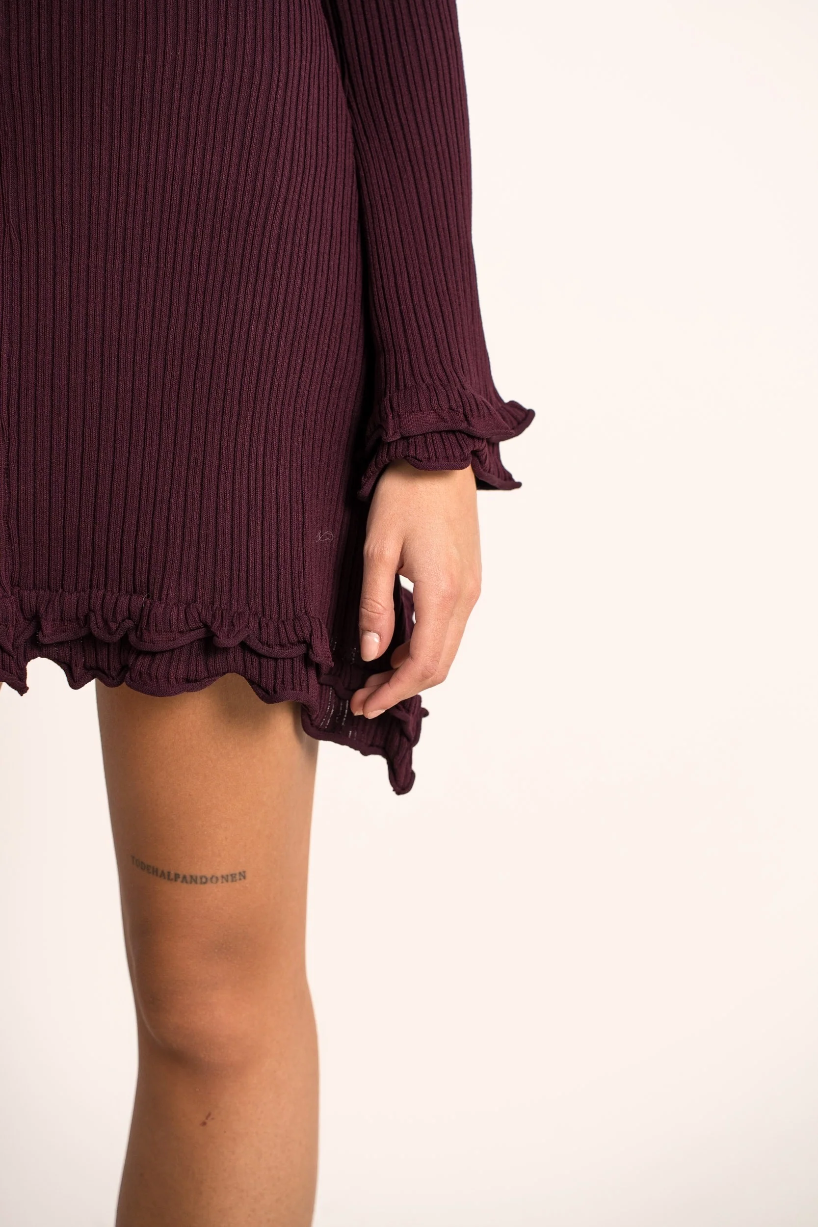 Flaired Sleeve Rib Dress - Burgundy - Image 2