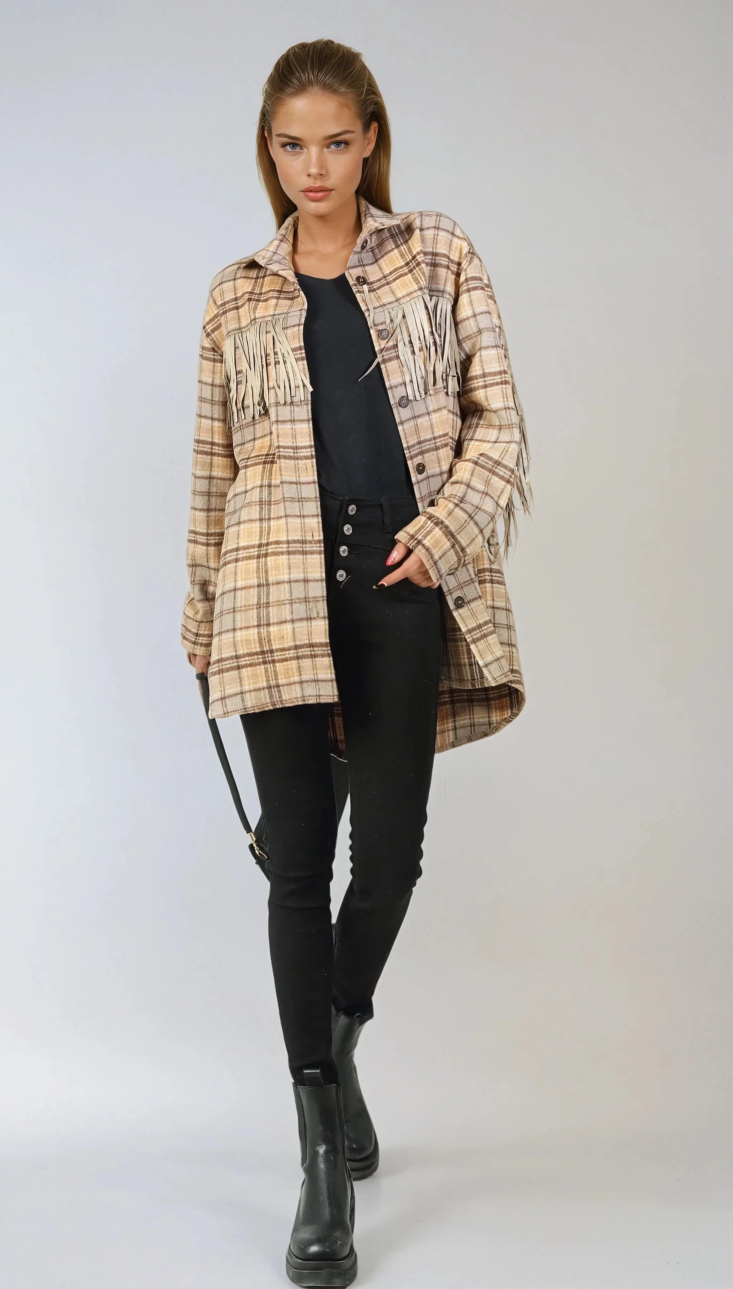 Fringe Plaid Blouse - Beige - Image 6