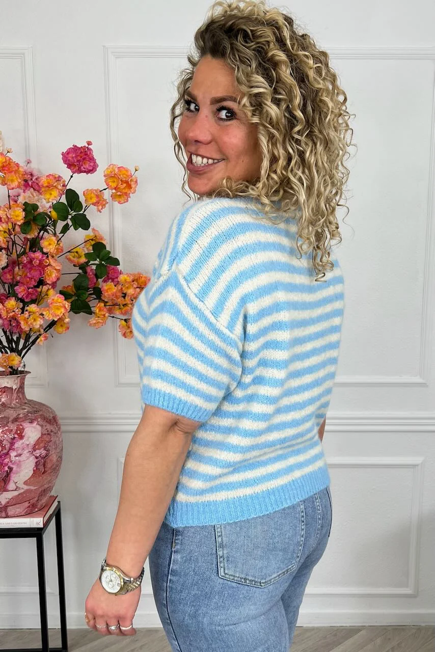Knitted Short Sleeve Striped Sweater - Light Blue/Creme - Image 2