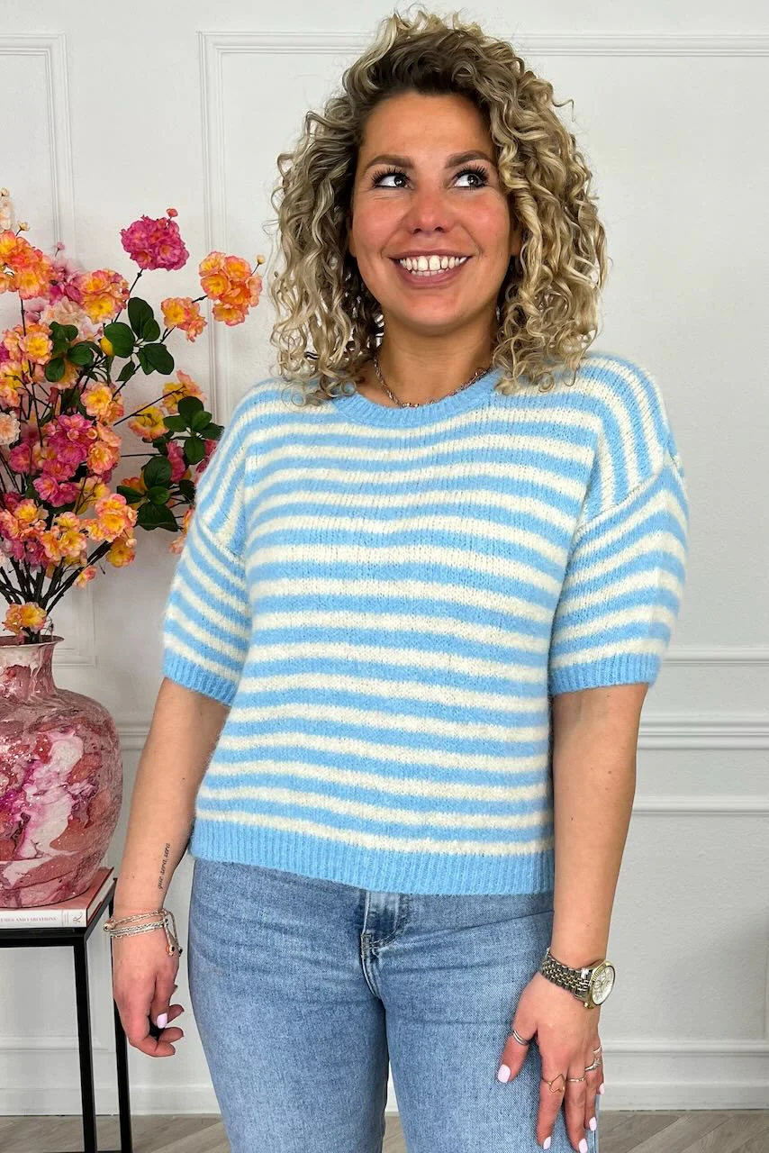 Knitted Short Sleeve Striped Sweater - Light Blue/Creme - Image 3