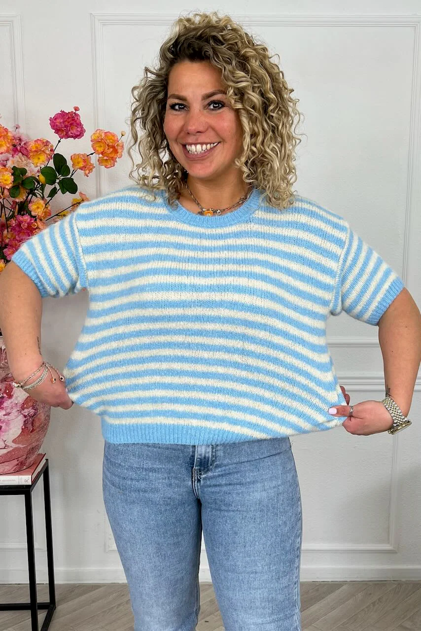 Knitted Short Sleeve Striped Sweater - Light Blue/Creme - Image 4