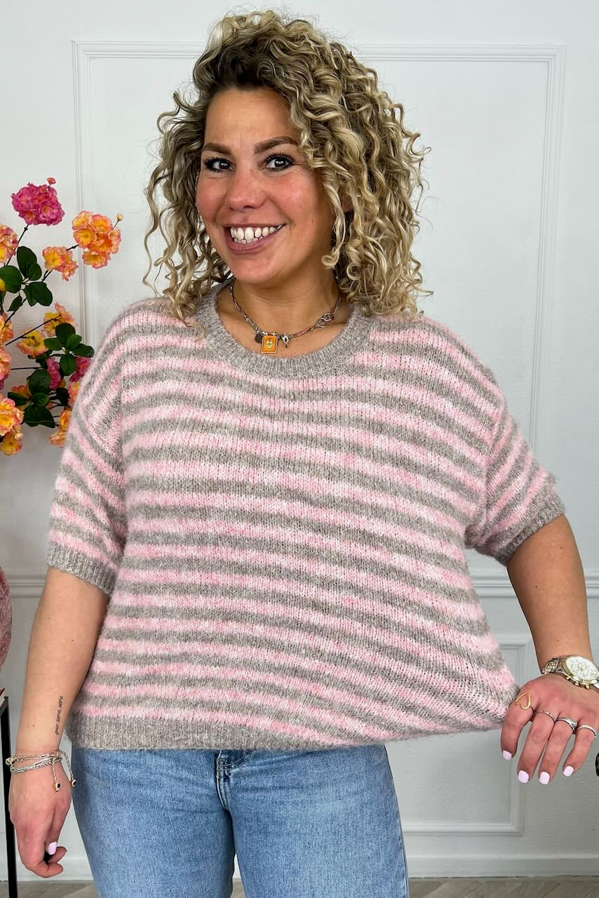 Knitted Short Sleeve Striped Sweater - Light Pink/Taupe - Image 4