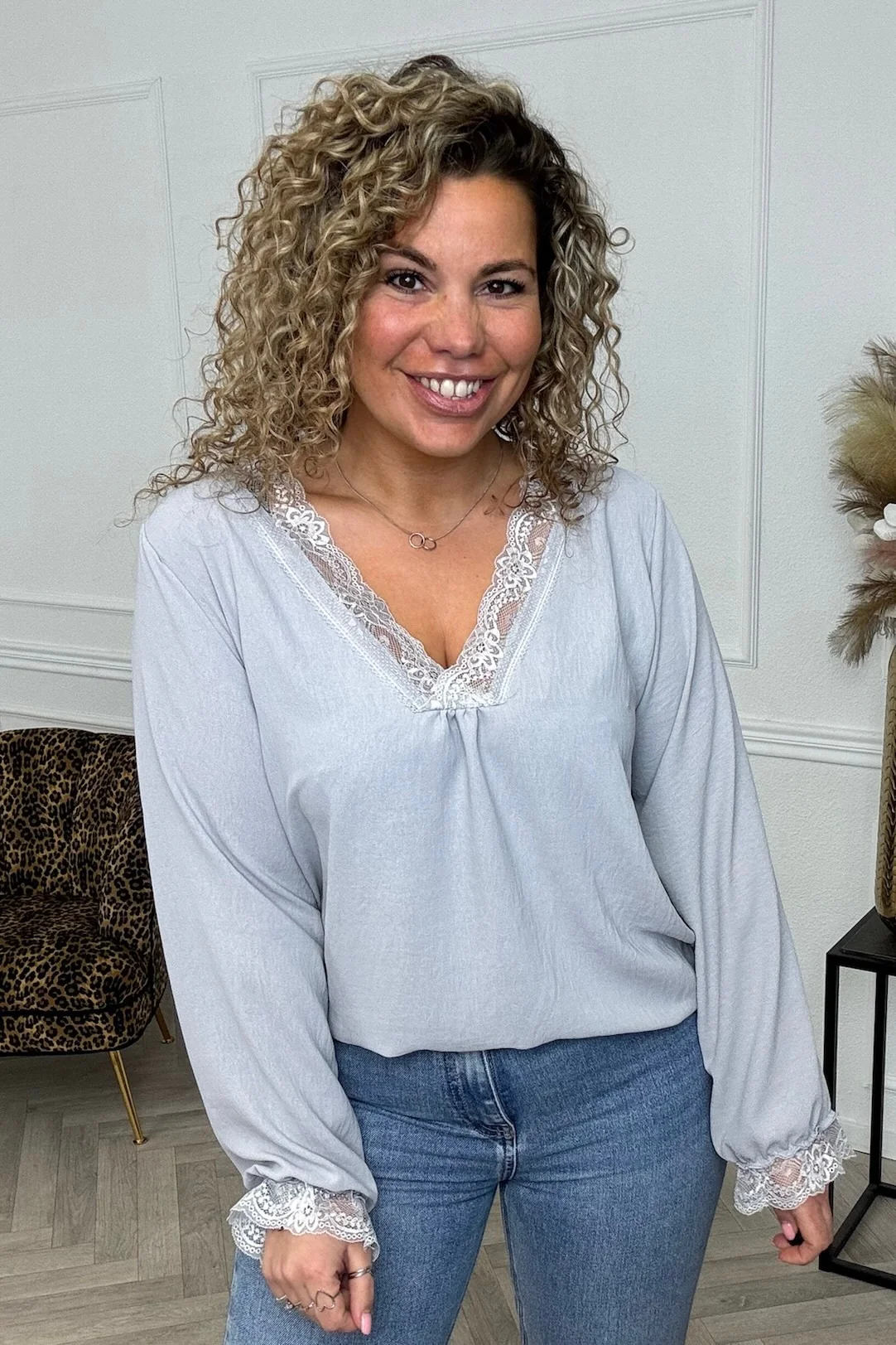 Long Sleeve Lace Top - Light Grey