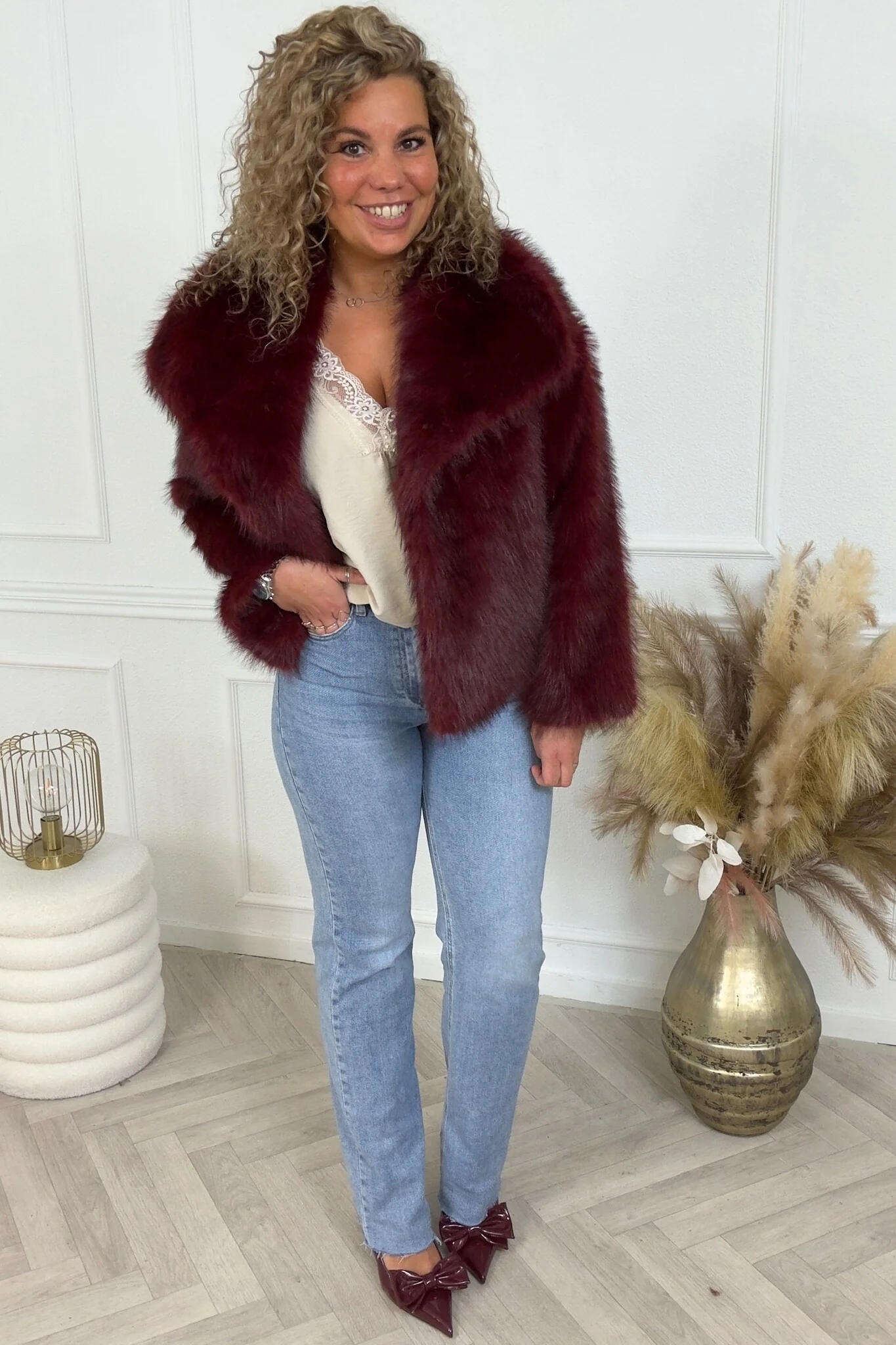 Loua Fake Fur Coat - Burgundy - Image 2