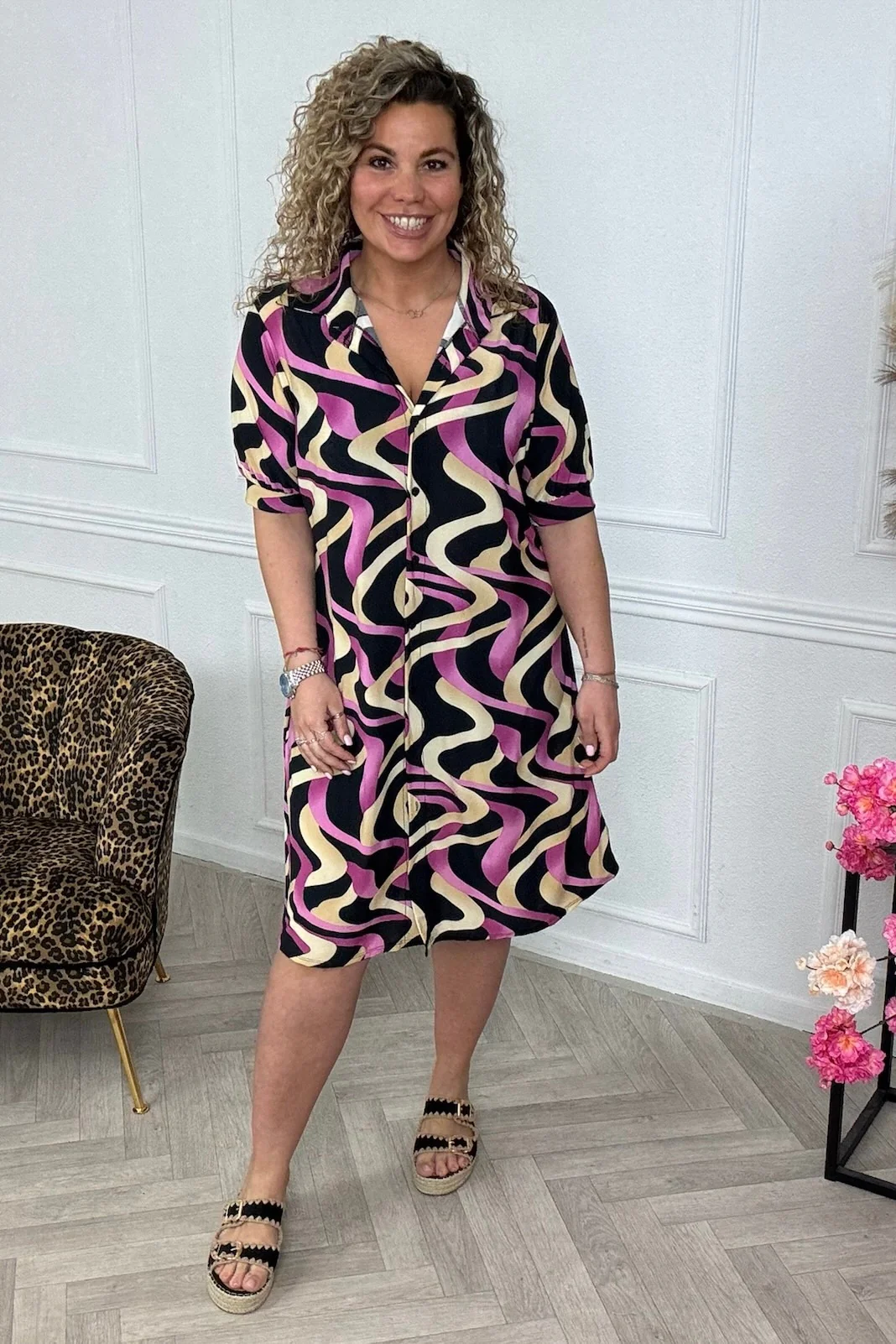Midi Blouse Dress -  Swirl/Black/Pink/Beige