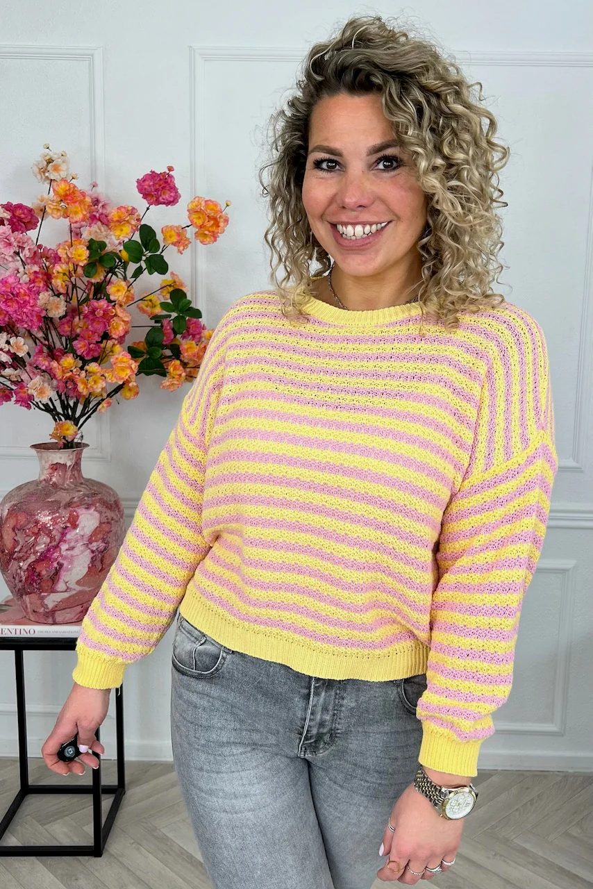 Mila Cotton Striped Sweater - Pink/Yellow - Image 3