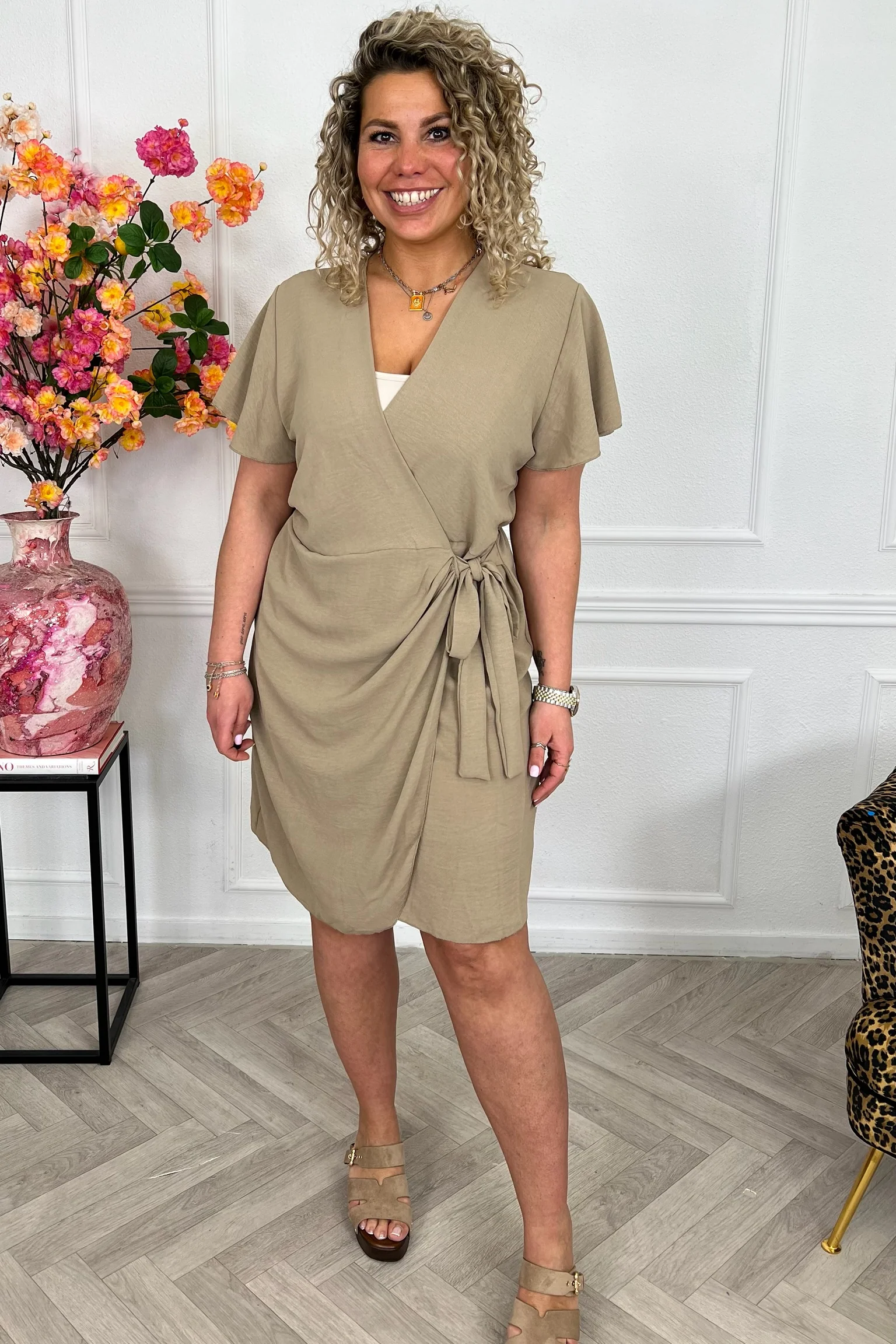 Milano Short Wrap Dress - Taupe - Image 3