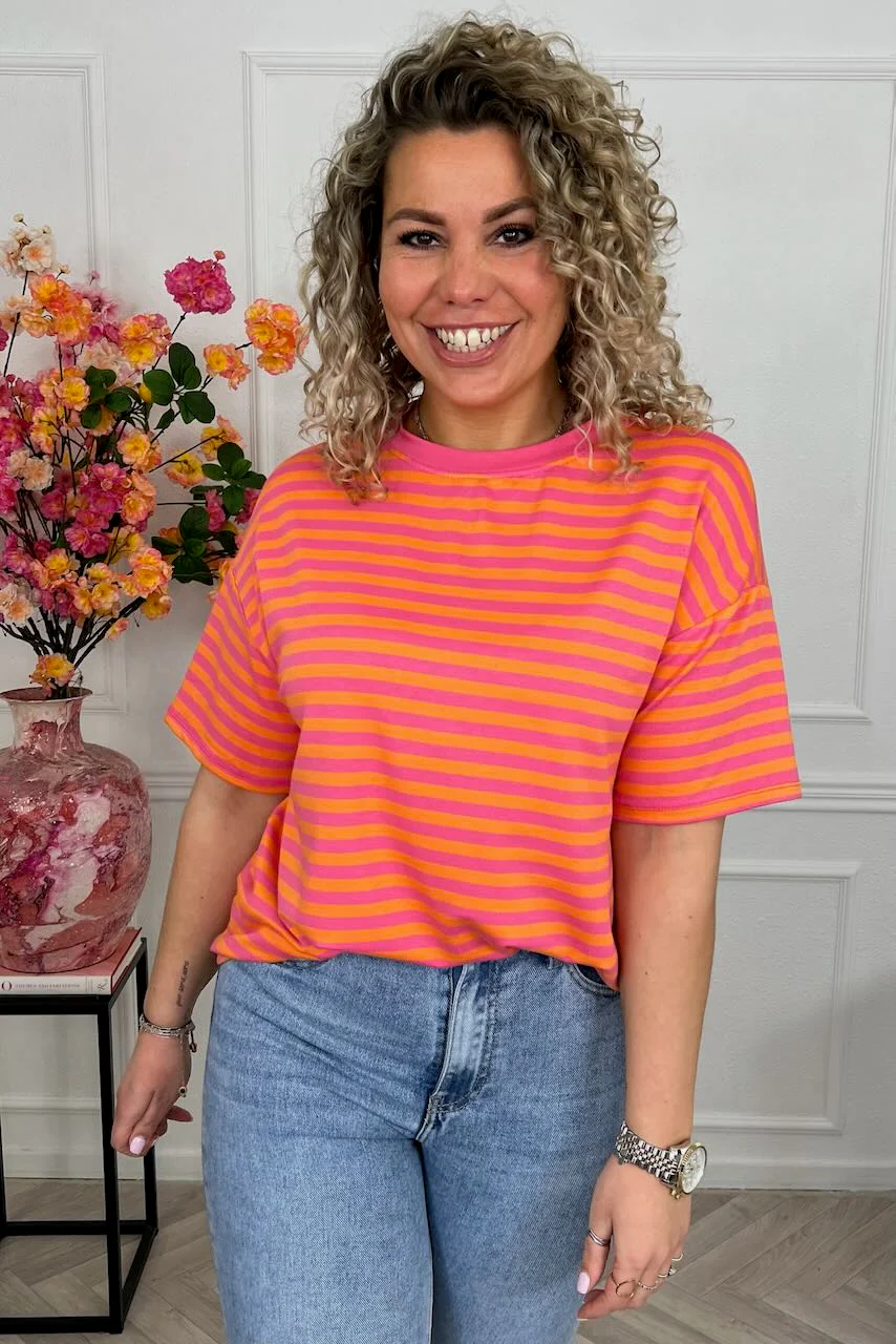 Musthave Short Sleeve Striped Shirt - Fuchsia/Orange
