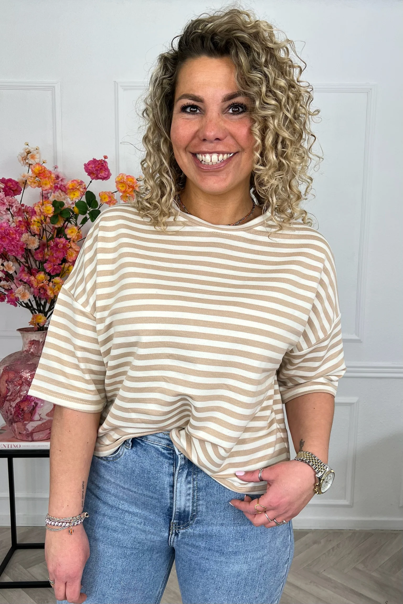 Perfect Short Sleeve Striped Sweater - Beige/Taupe - Image 2