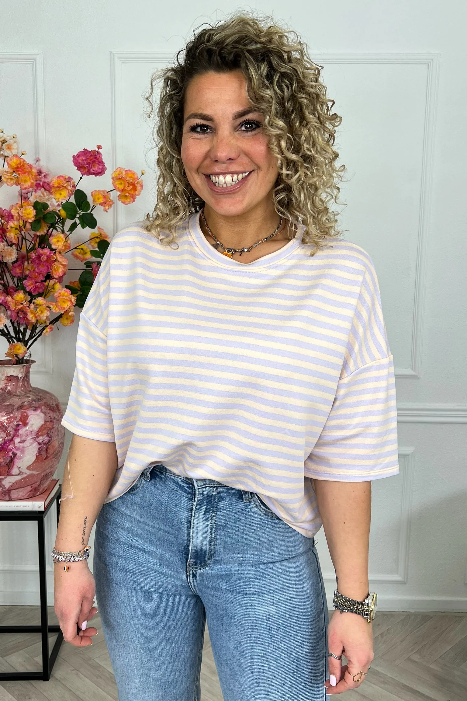 Perfect Short Sleeve Striped Sweater - Lila/Beige