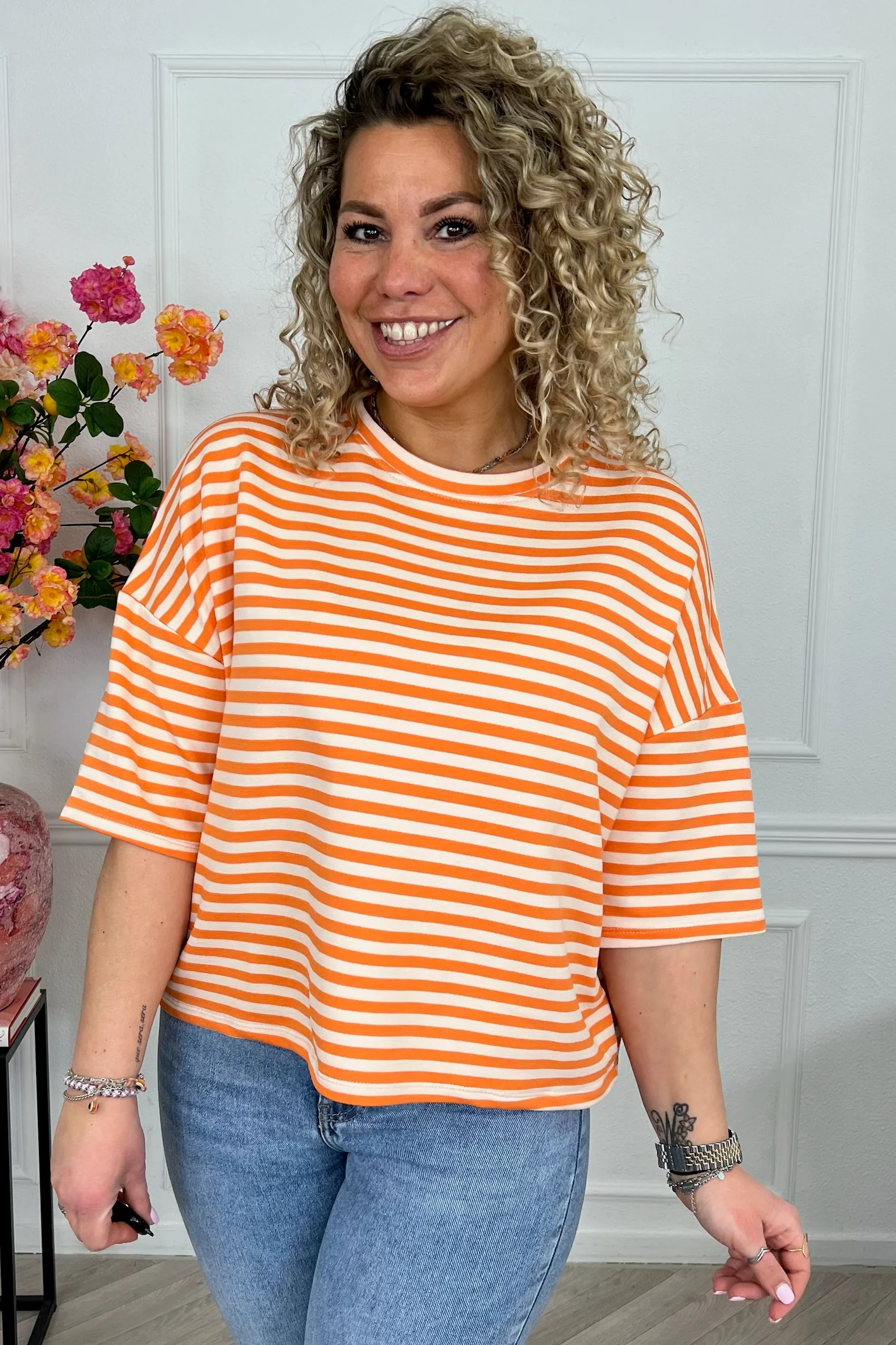 Perfect Short Sleeve Striped Sweater - Lila/Beige - Image 5