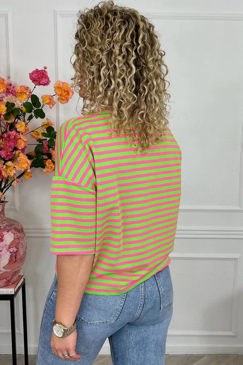 Perfect Short Sleeve Striped Sweater - Lime/Pink - Image 3